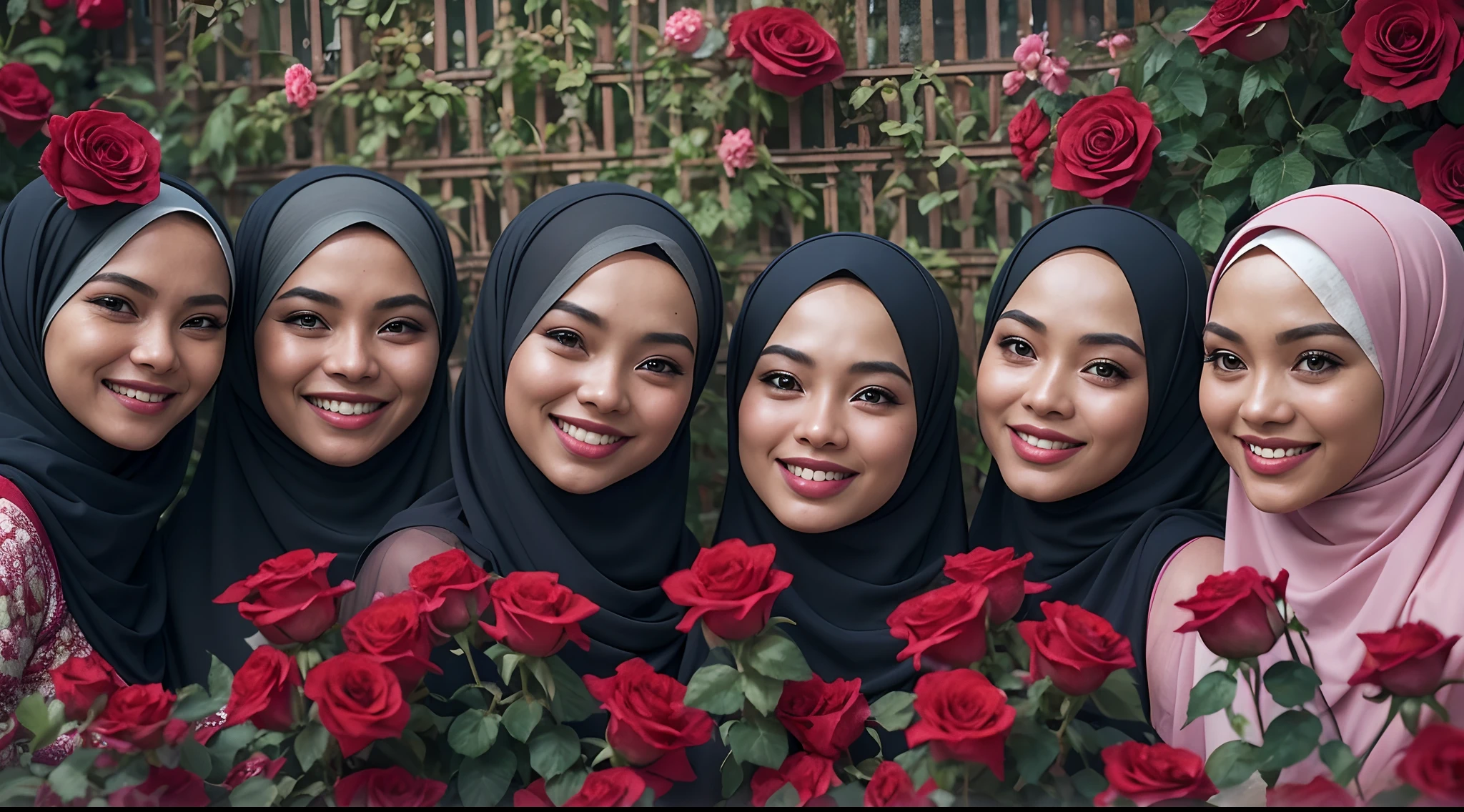 A film still of Beautiful malay women with hijab stand infront of wall of red rose flower, smiling and happy, 30mm lense, closeup shot, desaturated color grading, cinemascope, high quality, photo taken using Panavision DXL2 camera,