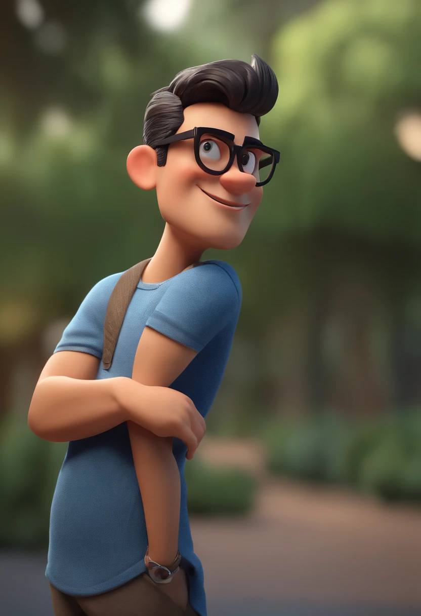 Cartoon character of a man wearing black glasses and a blue shirt, um personagem animado, Caractere estilizado, animation style rendering, 3D estilizado, Arnold Maya render, 3 d render stylized, toon render keyshot, Personagem 3D, Personagem 3D, 3d rendering stylized, 3 d character render, personagem de desenho animado, Personagem de close up, Pose de personagem, (Estilo Pixar) (master part:1.2) (Bokeh) (best quality) (pele detalhada) (textura detalhada) (8k) (argila) (Cinematic lighting) (foco nítido，Senta e vaza a parte superior do corpo