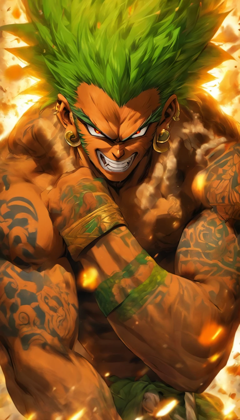 Hyper realistic art of an ogan playing the atabaque with tattoos on his arms, neck and face ...cabelo curto castanho claro e olho verde um dente de ouro branco