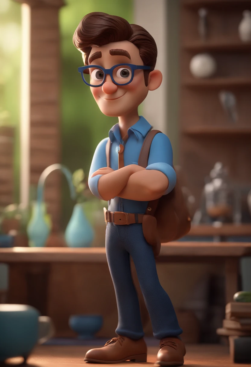 Cartoon character of a man with black glasses and a blue shirt, animation character, Caractere estilizado, animation style rendering, 3D estilizado, Arnold Maya render, 3 d render stylized, toon render keyshot, Personagem 3D, Personagem 3D, 3d rendering stylized, 3 d character render, personagem de desenho animado, Personagem de close up, Pose de personagem, (Estilo Pixar) (master part:1.2) (Bokeh) (best quality) (pele detalhada) (textura detalhada) (8k) (argila) (Cinematic lighting) (foco nítido