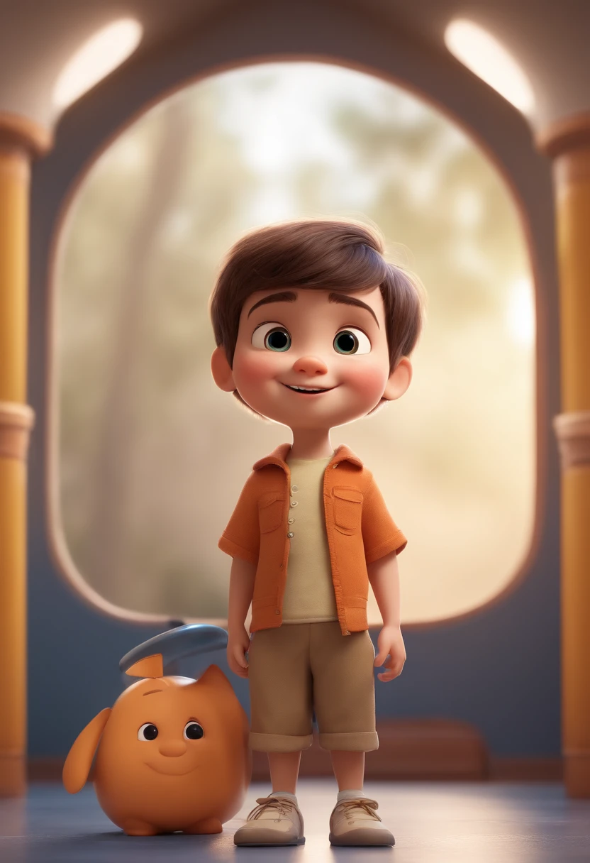 a happy cute kid standing short hair, vestindo uma fantasia espacial, , fundo branco, barnet, Tom, Estilo Pixar, ....3d, desenhos animados, rosto detalhado, asymmetrical 16k