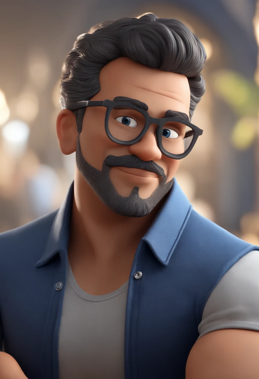 Cartoon character of a man with black glasses, pouco cabelo e barba ruiva bem baixa, uma camisa social azul, with gray jeans and blue sneakers, animation character, Caractere estilizado, animation style rendering, 3D estilizado, Arnold Maya render, 3 d render stylized, toon render keyshot, Personagem 3D, Personagem 3D, 3d rendering stylized, 3 d character render, personagem de desenho animado, Personagem de close up, Pose de personagem, (Estilo Pixar) (master part:1.2) (Bokeh) (best quality) (pele detalhada) (textura detalhada) (8k) (argila) (Cinematic lighting) (foco nítido
