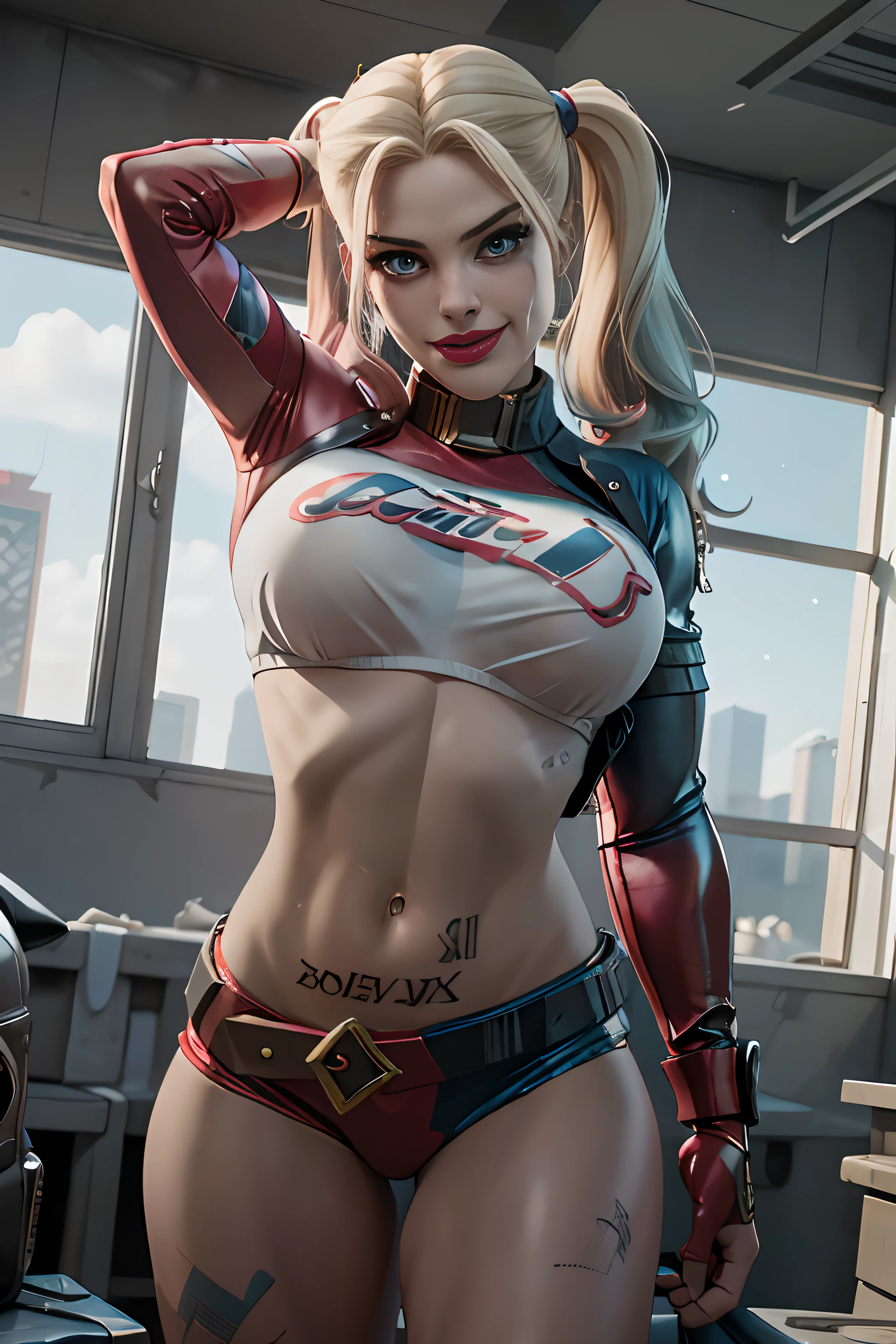 best quality,4k,8k, high res, masterpiece:1.2),ultra-detailed, realistic, photorealistic:1.37, dynamic, action-filled background, bombshell young version of Cameron Diaz cosplaying as a sexy Harley Quinn, Hyper fit, incredible shape, fun, charismatic, detailed eyes, detailed lips, beautiful engaging smile, sexy and confident