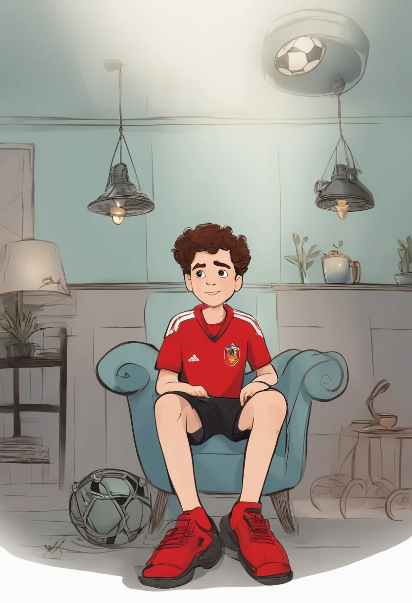 A imagem mostra um menino vestindo uma camisa de futebol, sentado em uma cadeira. Ele parece estar posando para uma foto, com os olhos voltados para frente. The boy is wearing a black and red shirt, which is probably a football uniform. The chair he's sitting in is in the middle of the scene, With the boy occupying most of the frame, he is 13 years old and brunette with curly hair
Generate the image in Disney animation/pixar