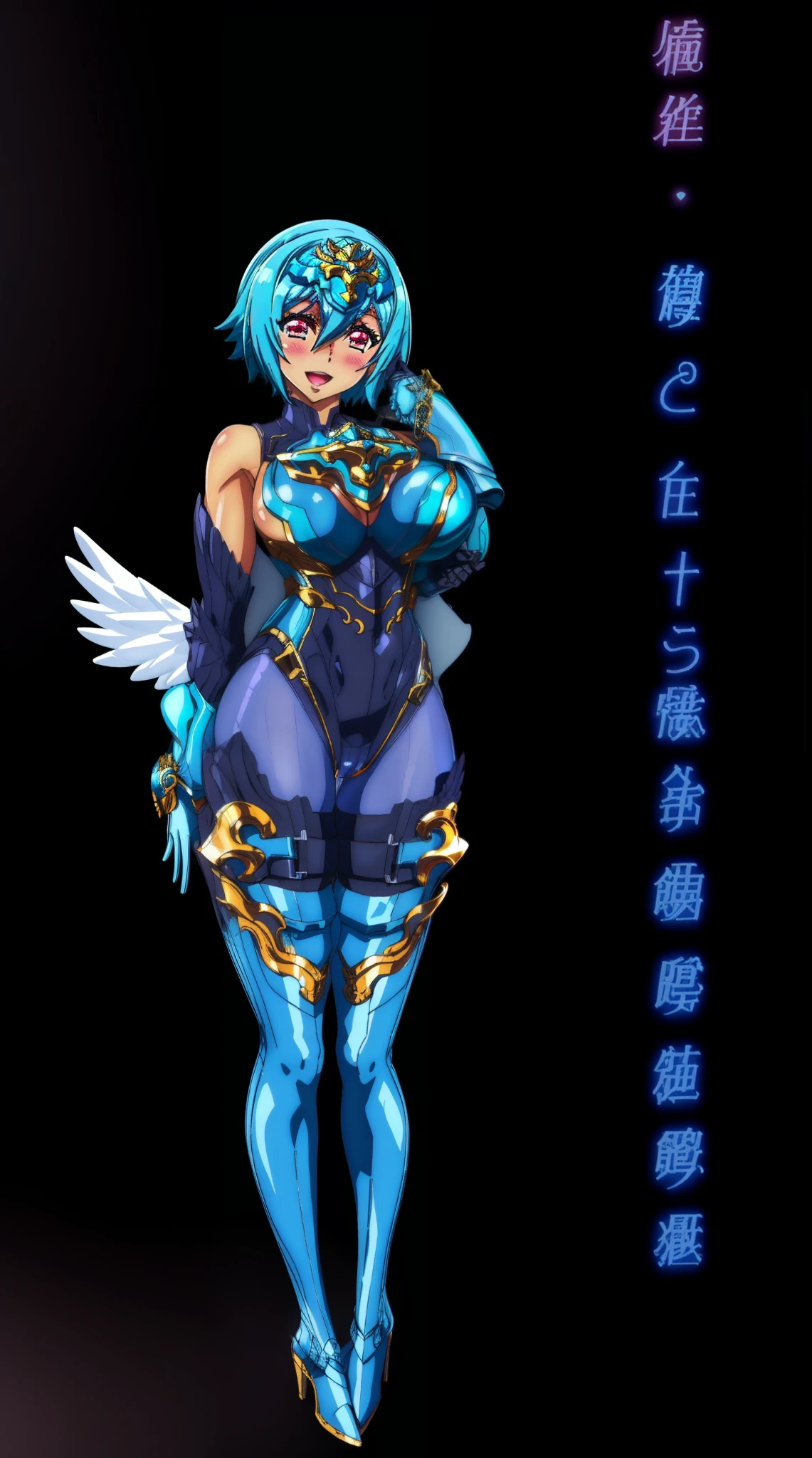 sandalphon (the seven heavenly virtues), masterpiece, best quality, 1girl, solo, short hair, blue hair, red eyes, blush, wings, open mouth, armor, gloves, head wings, full body, boots, white body suit, smile, big breast, tall, latex suit,pantyhose, scarf,