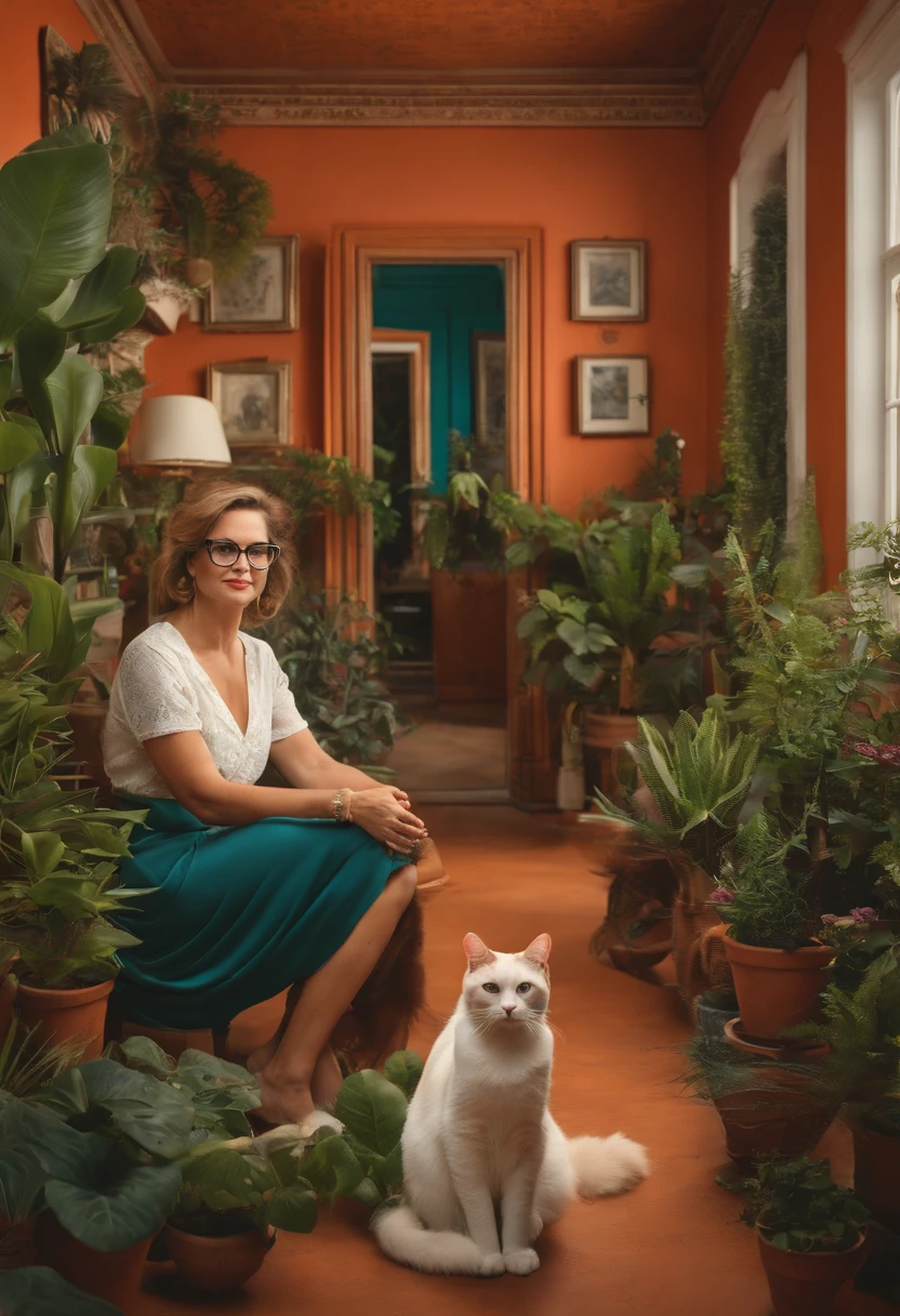 Woman in glasses attending a cat in her house, fundo com tapete e plantas