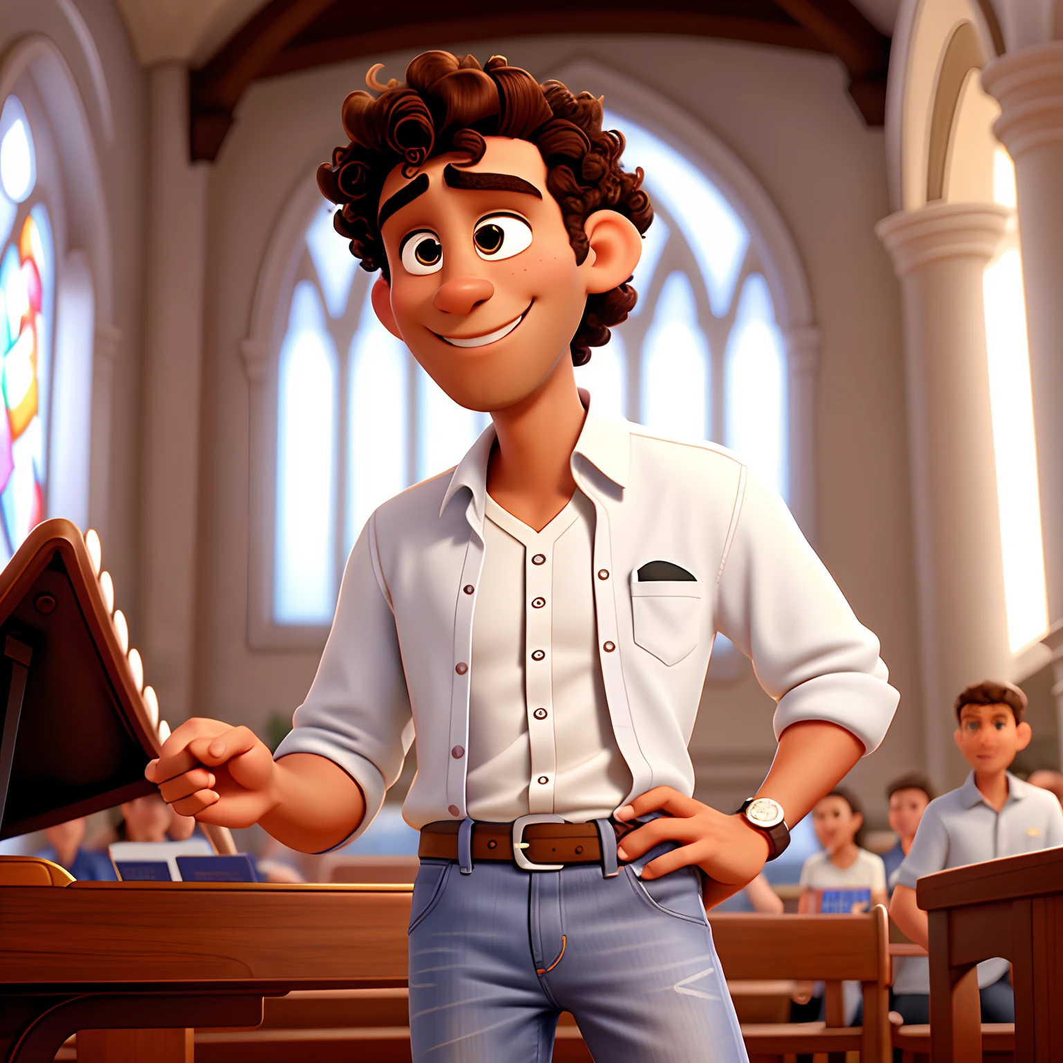 Disney Pixar Style Man, high quality, best quality, tall, thin, dark brown skin, South American, curly hair, short hair, curly hair, wearing white dress shirt, jeans outfit, white all star sneakers, Playing the piano in church , smiling, wearing silver watch, goatee, square face