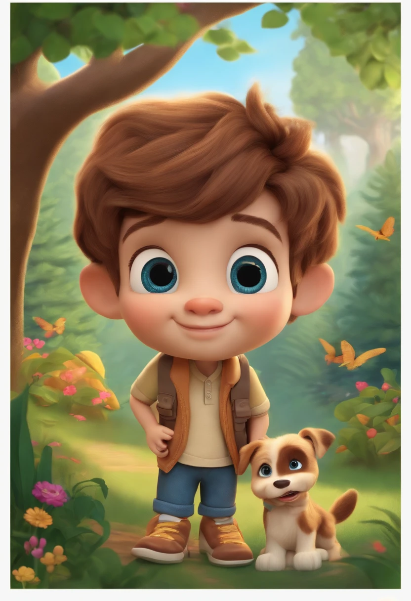 Front View.litle Boy. Disney cute style, pixar style, 3D cad, neon candy color. Best quality 16k, hyper detailed realistic, photorealistic photo-realistic landscape scene, detailed face Once upon a time, in a small town surrounded by enchanted woods, there was a  boy named David. David was a curious boy with bright eyes and a heart full of adventure. He had a special friend who never left him: his adorable pet dog named Little Ball