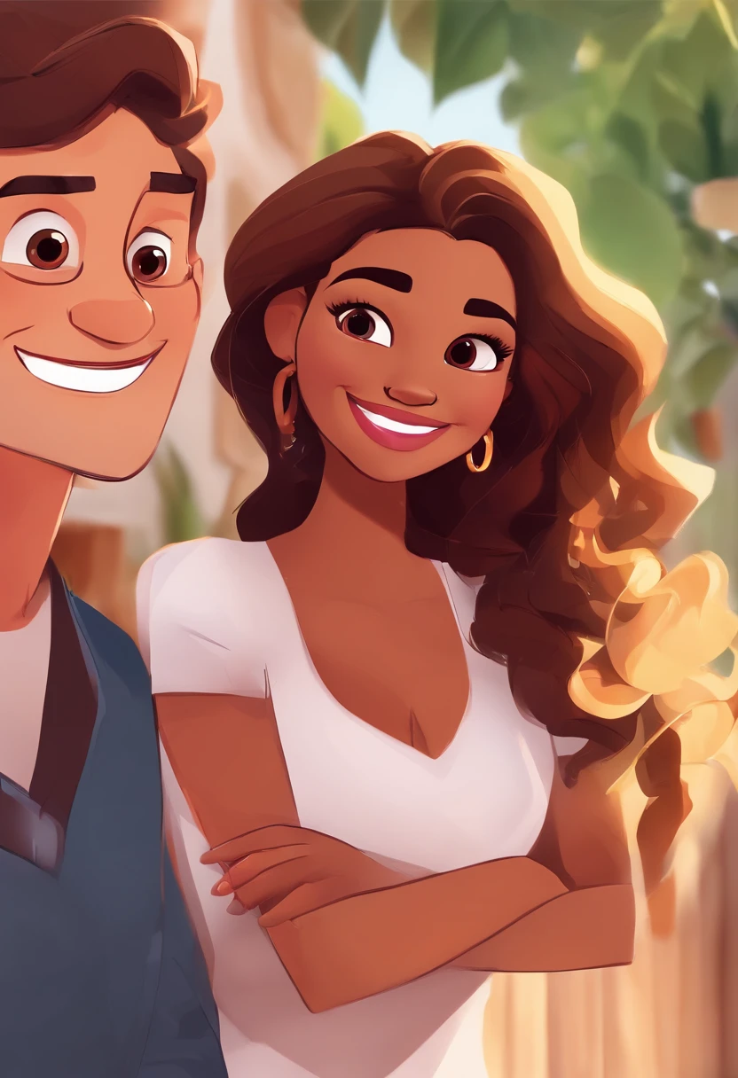 An illustration of an adorable couple, Highlight for a chubby mulatto man with glasses smiling and a brunette woman with beautiful expressive eyes - the man's skin is mulatto and the man's hair haswhile the woman's skin is black and the woman's hair is straight and brown. They are a bright room, cada um com um sorriso no rosto, e compartilhar um momento especial caracterizado pelo amor, Insights. Illustrate this scene from a perspective where they are facing the camera, Smiling and Showing Your Connection. Desenvolva esta arte em Full HD, Focus on your cinematic touch, Estilo Disney Pixar Animations