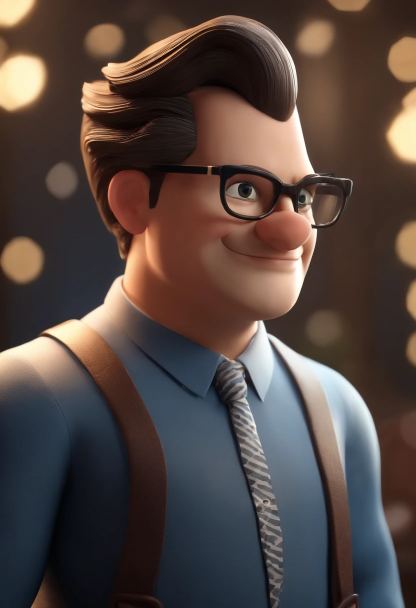 Cartoon character of a man wearing black glasses and a blue shirt, um personagem animado, Caractere estilizado, animation style rendering, 3D estilizado, Arnold Maya render, 3 d render stylized, toon render keyshot, Personagem 3D, Personagem 3D, 3d rendering stylized, 3 d character render, personagem de desenho animado, Personagem de close up, Pose de personagem, (Estilo Pixar) (master part:1.2) (Bokeh) (best quality) (pele detalhada) (textura detalhada) (8k) (argila) (Cinematic lighting) (foco nítido，Senta e vaza a parte superior do corpo