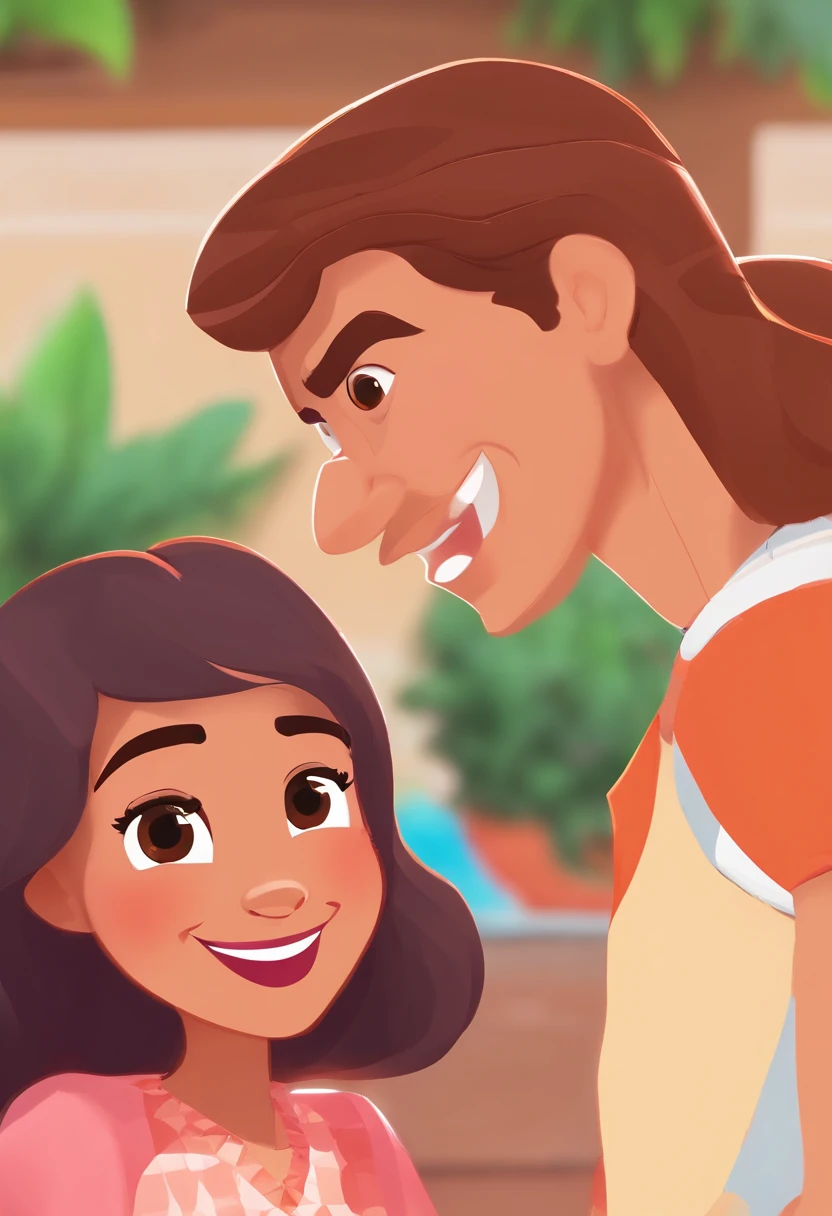 An illustration of an adorable couple, Highlight for a chubby mulatto man with glasses smiling and a brunette woman with beautiful expressive eyes - the man's skin is mulatto and the man's hair haswhile the woman's skin is black and the woman's hair is straight and brown. They are a bright room, cada um com um sorriso no rosto, e compartilhar um momento especial caracterizado pelo amor, Insights. Illustrate this scene from a perspective where they are facing the camera, Smiling and Showing Your Connection. Desenvolva esta arte em Full HD, Focus on your cinematic touch, Estilo Disney Pixar Animations