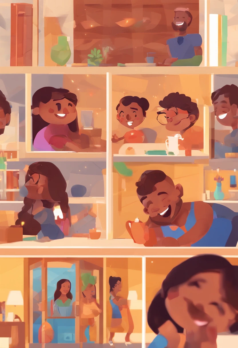 An illustration of an adorable couple, Highlight for a chubby mulatto man with glasses smiling and a brunette woman with beautiful expressive eyes - the man's skin is mulatto and the man's hair haswhile the woman's skin is black and the woman's hair is straight and brown. They are a bright room, cada um com um sorriso no rosto, e compartilhar um momento especial caracterizado pelo amor, Insights. Illustrate this scene from a perspective where they are facing the camera, Smiling and Showing Your Connection. Desenvolva esta arte em Full HD, Focus on your cinematic touch, Estilo Disney Pixar Animations