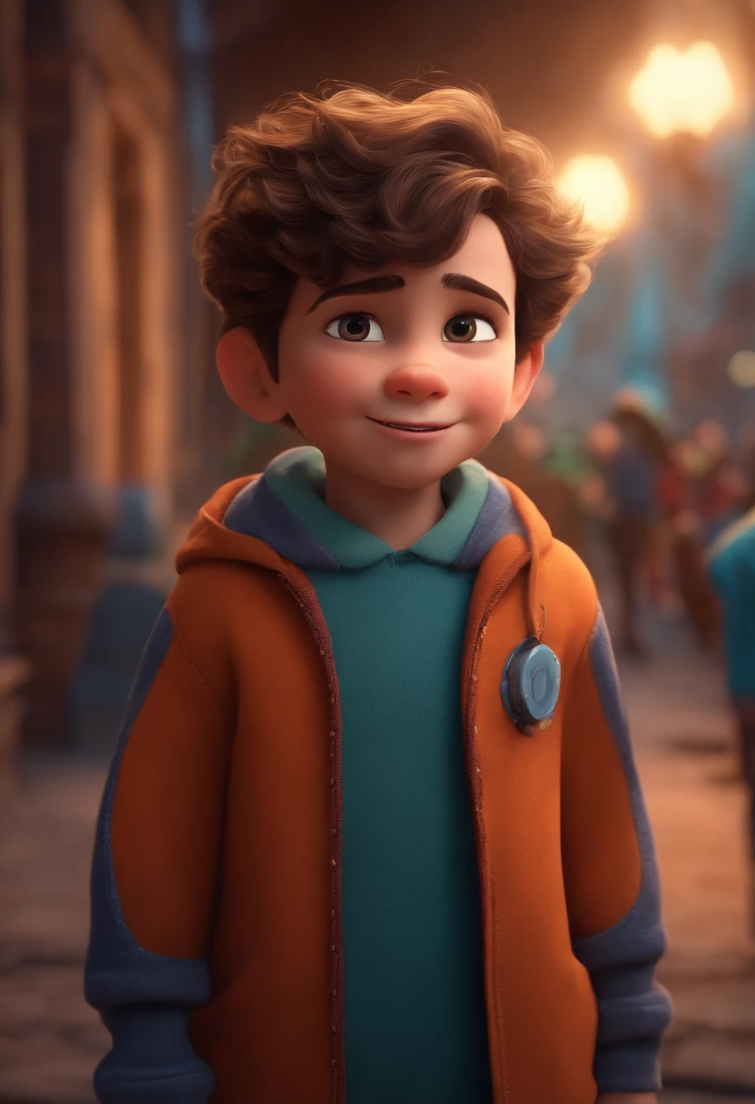 Image of a boy for a story in a YouTube video in Pixar format, He's the allabester, He's the class leader, He's outgoing, Playful and gets up for a lot of things, cabelo curto