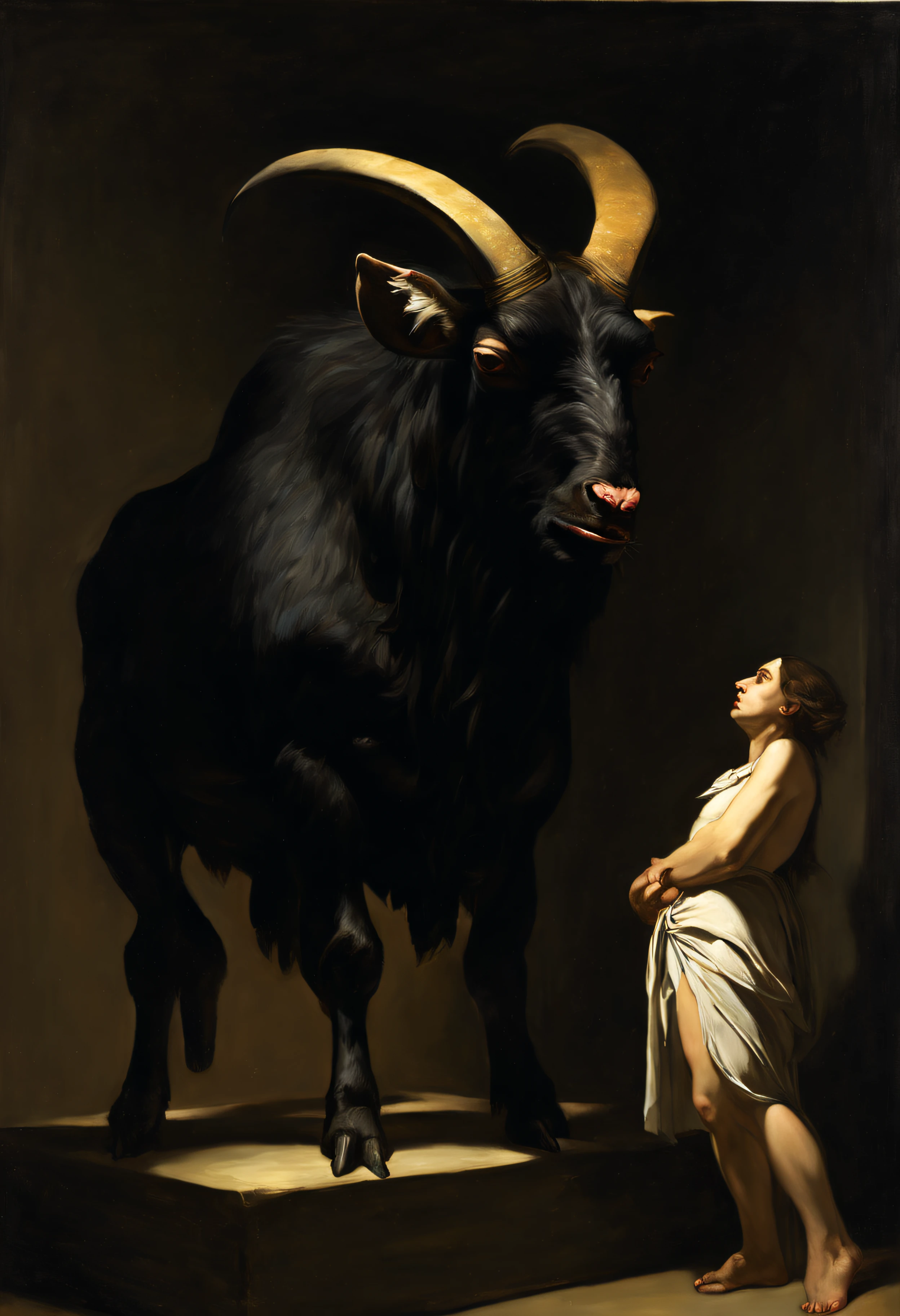 score_9, score_8_up, score_7_up, male anthro black bull minotaur and female human, interspecies, forest, romantic expression, night, muscular, detailed, newest, feet, sitting, sex, vaginal penetration, renaissance painting, embracing, 