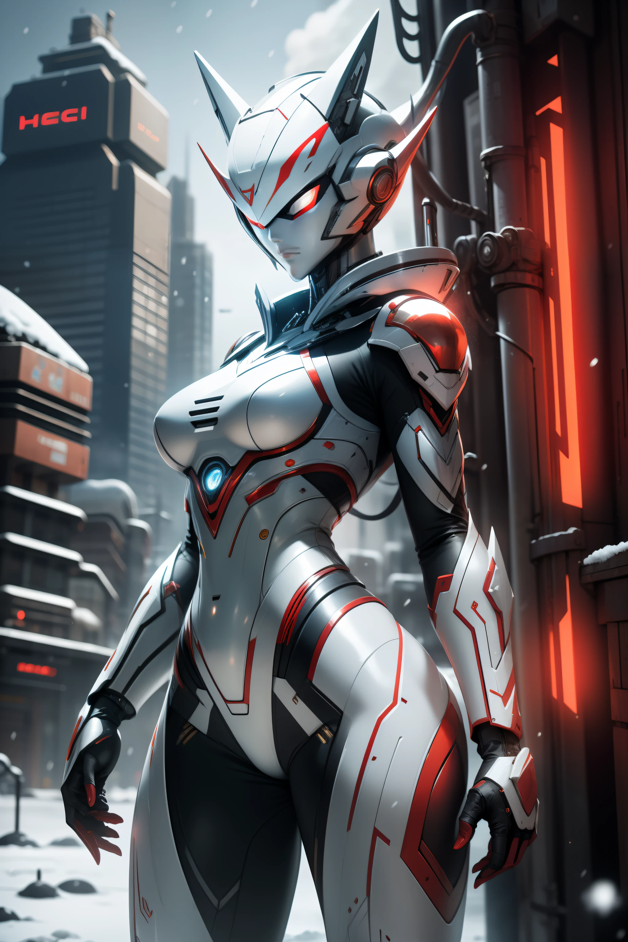 ​masterpiece、top-quality、hight resolution、cyberpunked、Real with creativity、White and red metal body、Slender woman、Beast Woman、Ultraman、snow-white body、(Stance:1.1)、Biomechanics、 Megacities of the future、Dramatic Lighting、Beam rifle in hand、