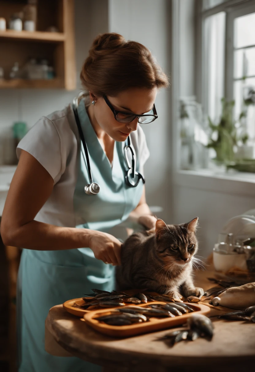 Veterinarian in glasses and sardines attending to a cat in her home