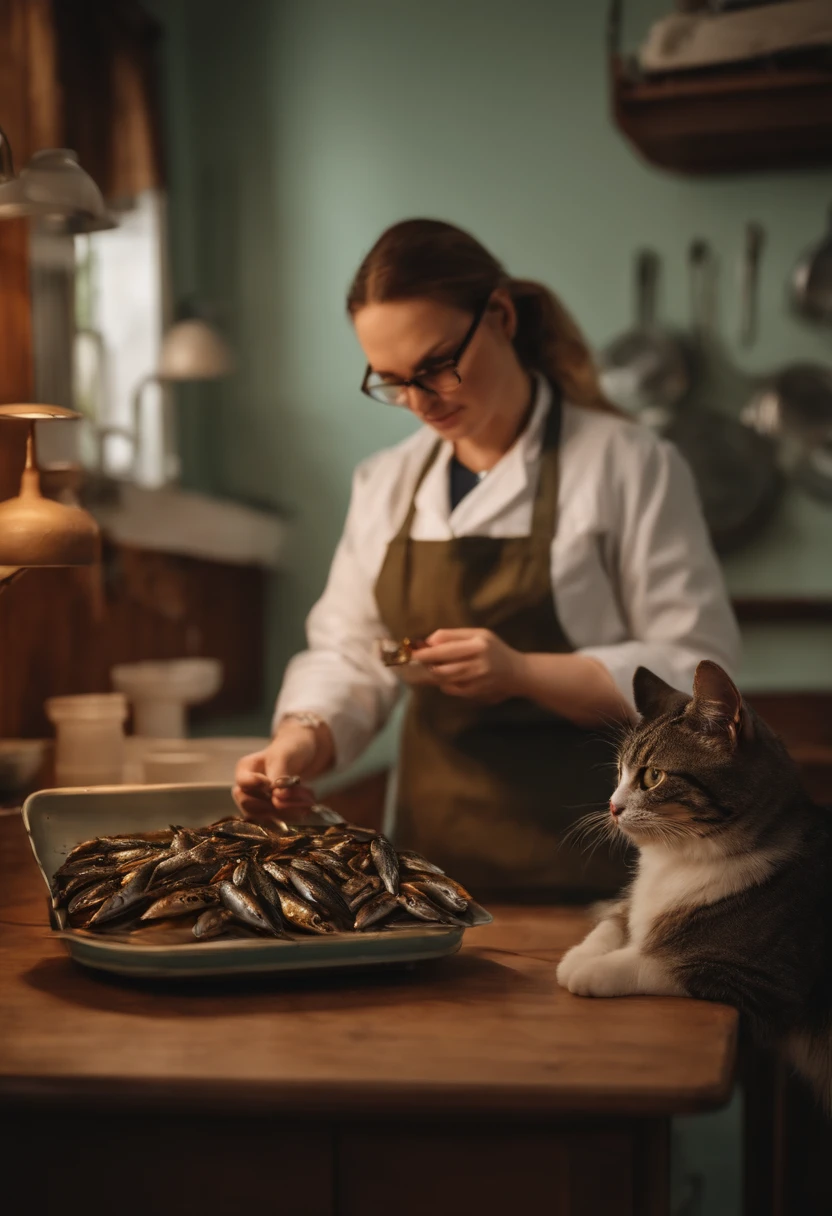 Veterinarian in glasses and sardines attending to a cat in her home