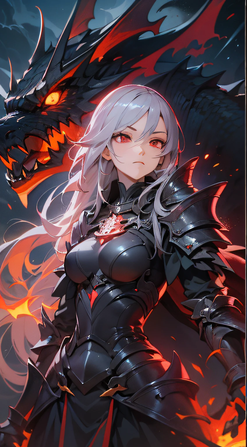 Please create a highly detailed 5K 2.5D CGI anime fantasy artwork featuring a girl dragon. The girl should be depicted in a front-facing position with a serious expression, bright red eyes, and super detailed facial features. She is wearing dark, shiny black armor with high contrast, and her hair should be rendered in a super realistic manner. The artwork should have a ruined castle in the background, set against a night sky filled with bright stars. Please add fire effects and fire particles in the air around the dragon girl to enhance the fantasy element.
Additionally, this artwork should embody the style of detailed anime art, similar to Artgerm's work on ArtStation and Pixiv. The girl should be portrayed as the queen of dragons in an anime fantasy world, combining elements of both anime and fantasy art.