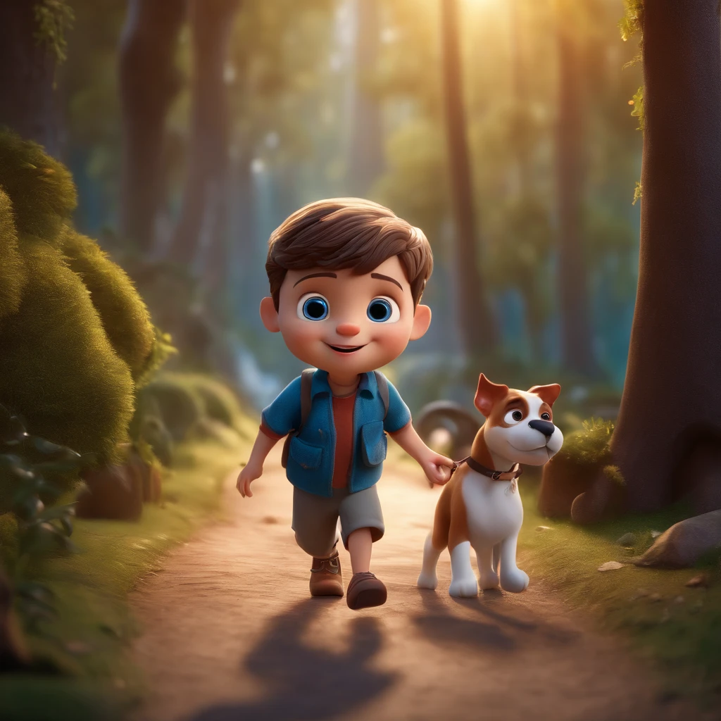 Front View.litle Boy. Disney cute style, pixar style, 3D cad, neon candy color. Best quality 16k, hyper detailed realistic, photorealistic photo-realistic landscape scene, detailed face Once upon a time, in a small town surrounded by enchanted woods, there was a  boy named David. David was a curious boy with bright eyes and a heart full of adventure. He had a special friend who never left him: his adorable pet dog named Little Ball
