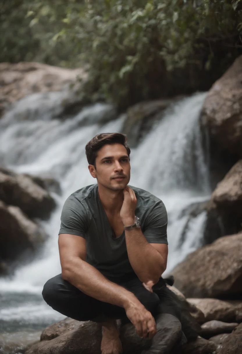 Um homem nu,se banhando em uma cachoeira