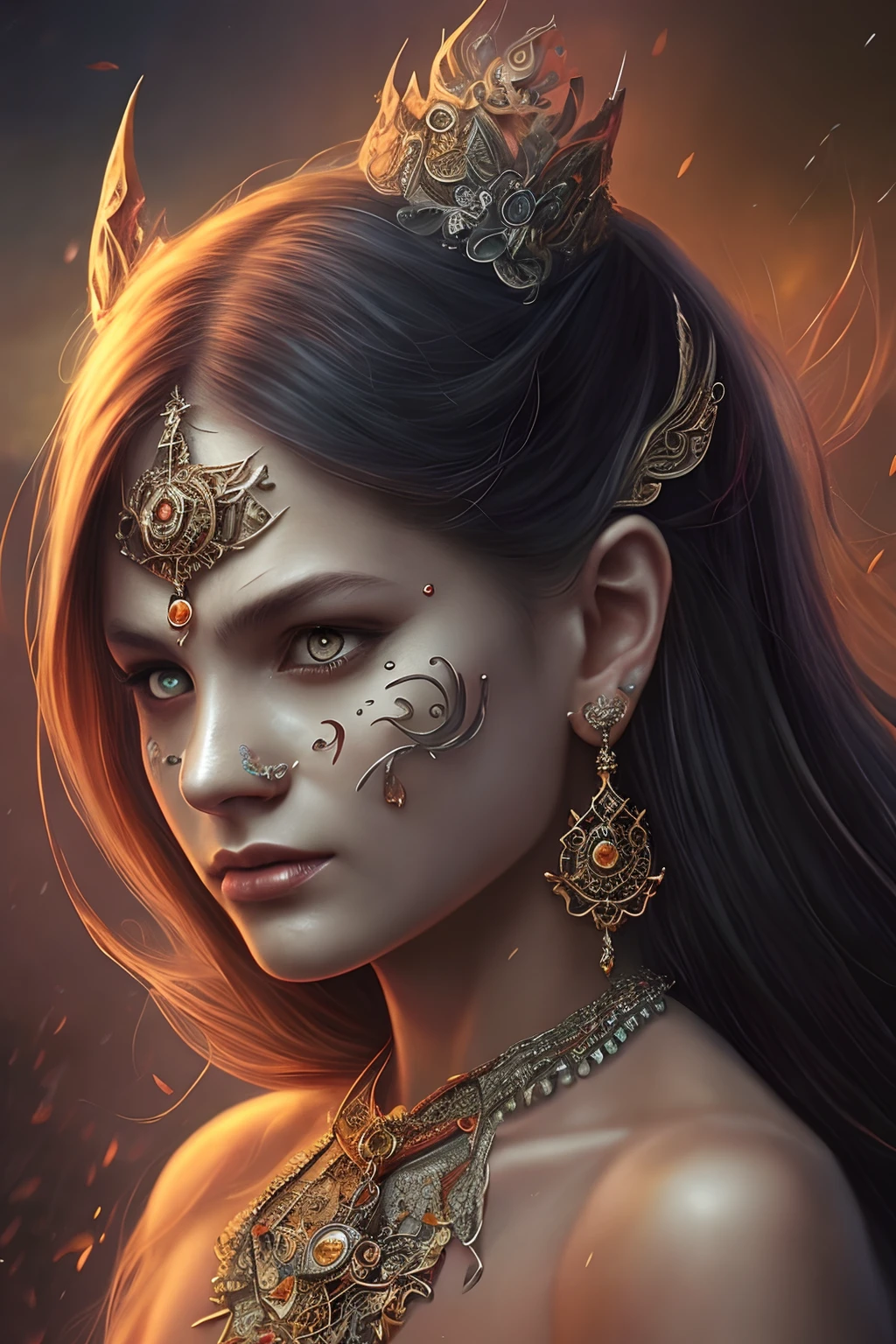 Image an RPG main charachter, realistic digital painting portrait. The main character is a hauntingly enchanting dark humanoid woman, her body adorned with mystical symbols and a face that mirrors the mysterious wisdom of a monkey. Abstract background, global illumination, art by hoang lap and fuji choko and artgerm and greg rutkowski and viktoria gavrilenko. (masterpiece)