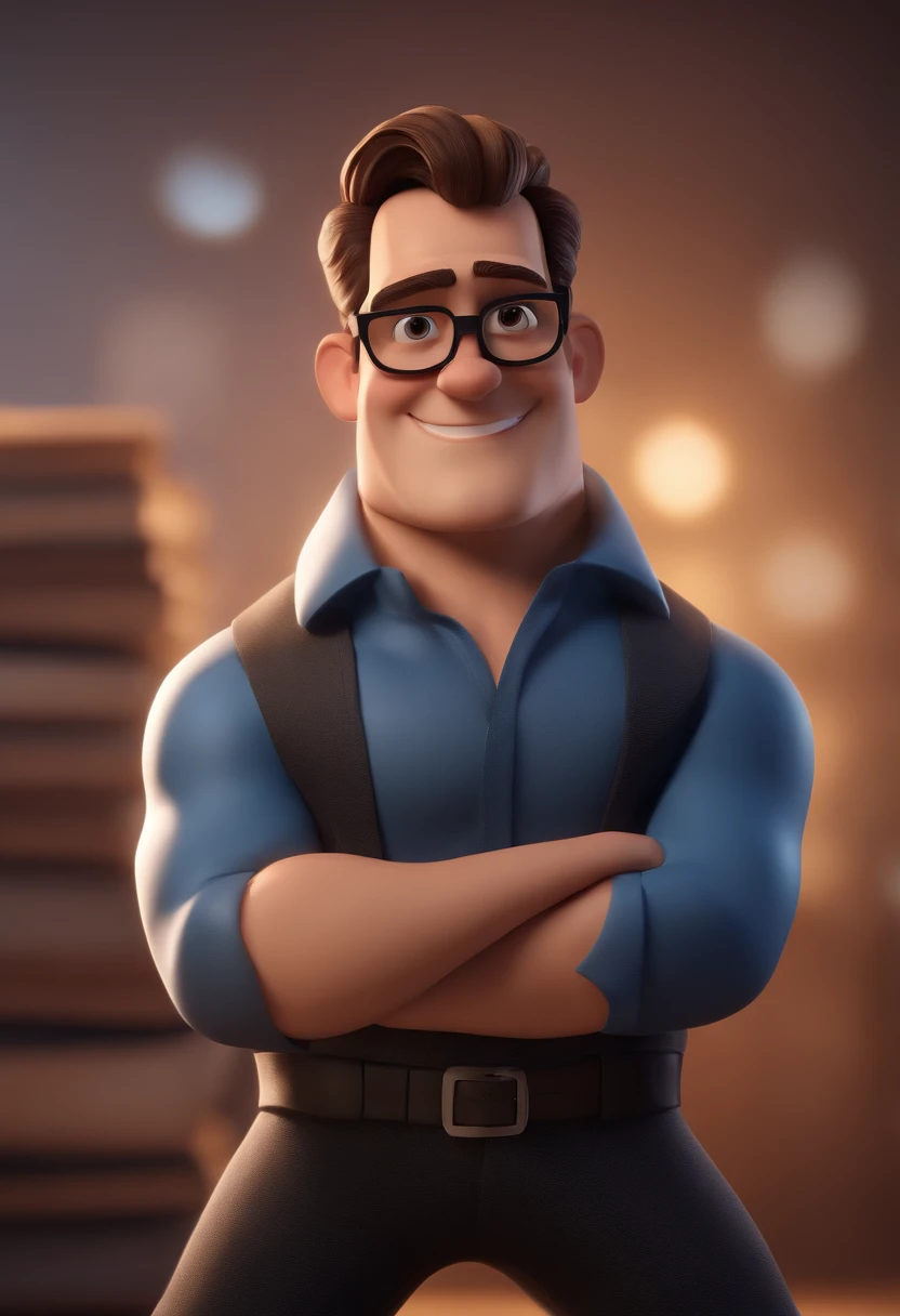 Cartoon character of a man with black glasses and a blue shirt, animation character, Caractere estilizado, animation style rendering, 3D estilizado, Arnold Maya render, 3 d render stylized, toon render keyshot, Personagem 3D, Personagem 3D, 3d rendering stylized, 3 d character render, personagem de desenho animado, Personagem de close up, Pose de personagem,  (Estilo Pixar) (master part:1.2) (Bokeh) (best quality) (pele detalhada) (textura detalhada) (8k) (argila) (Cinematic lighting) (foco nítido
