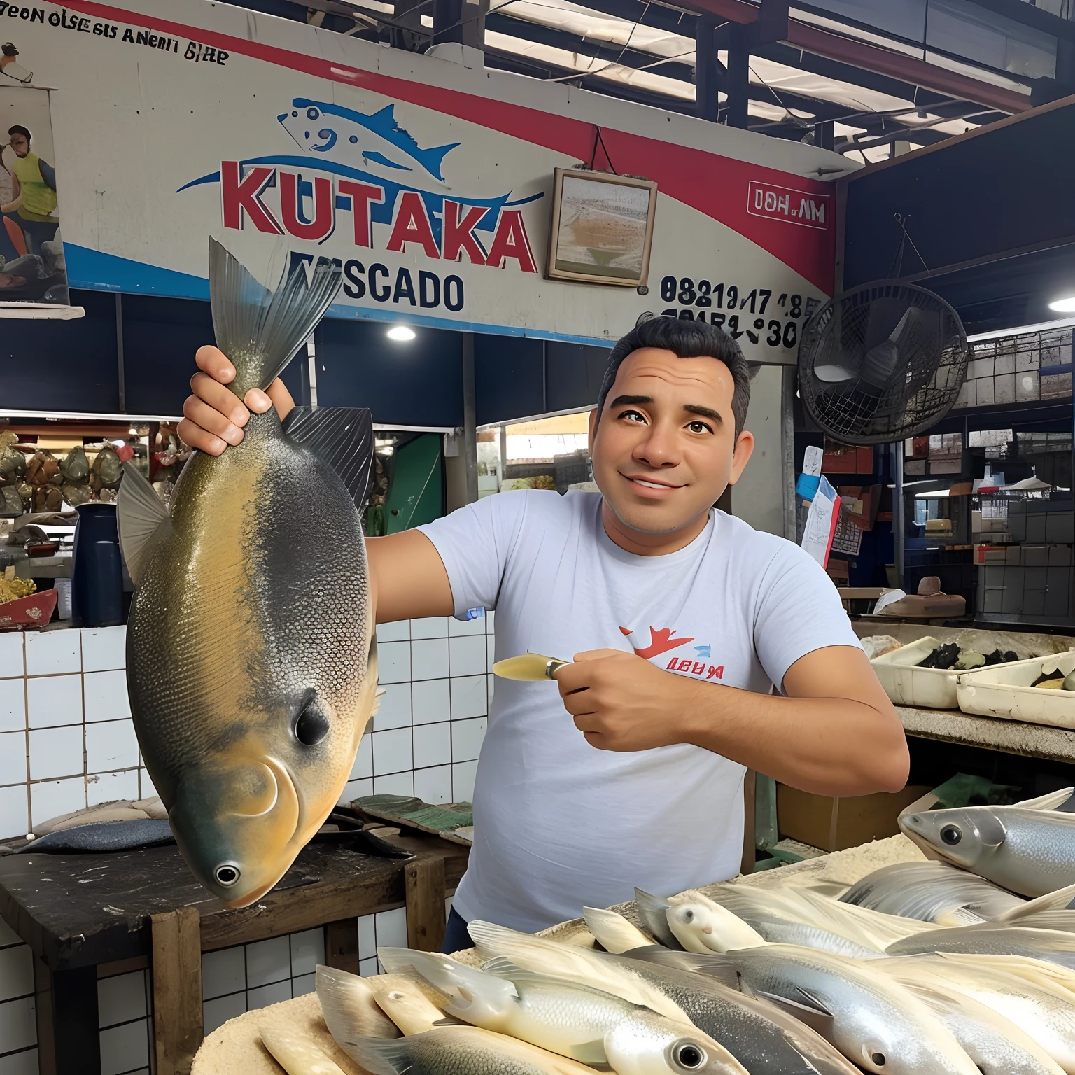 There's a man holding a fish in a market with other fish, Homem dos Peixes, Directed by: Judith Gutierrez, edu souza, mercados de frutos do mar de peixe, Directed by: Felipe Seade, john jude palencar, Mercado de Peixe, Directed by: Nandor Soldier, por Ingrida Juniper, inspirado em Francis Souza, peixes no fundo