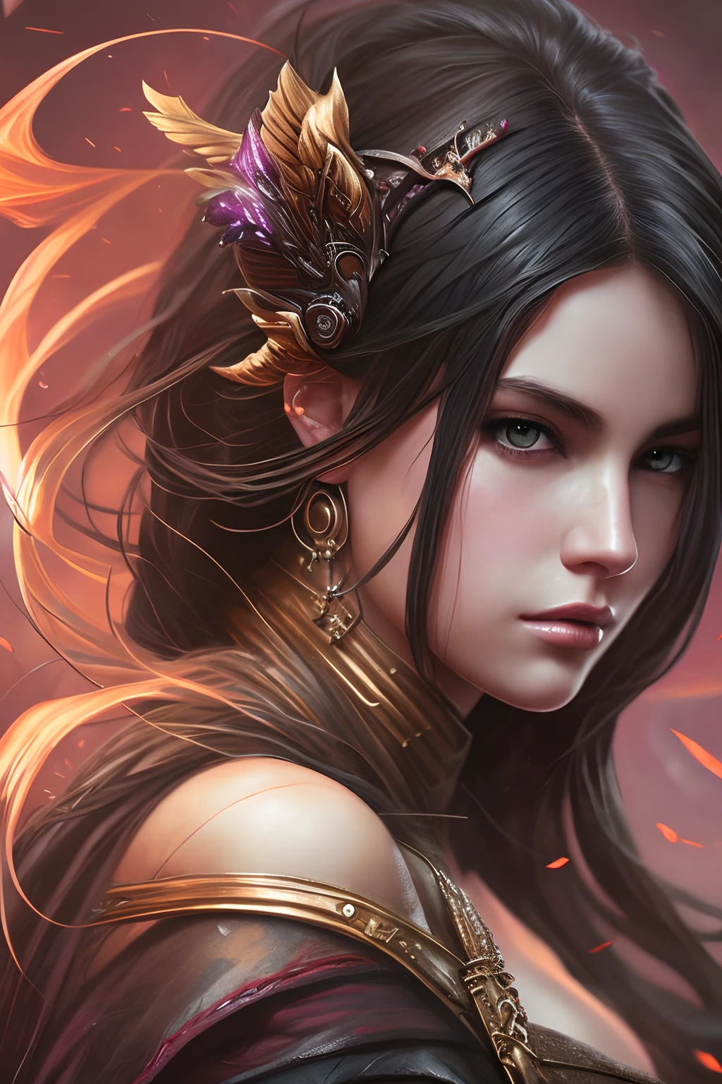Image an RPG main charachter, realistic digital painting portrait. The main character is an enigmatic and alluring dark humanoid woman, her form reminiscent of Selena Gomez, while her bewitching, serpent-like visage hints at an ancient, otherworldly power that both entices and unnerves. abstract background,  global illumination, art by hoang lap and fuji choko and artgerm and greg rutkowski and viktoria gavrilenko. (masterpiece)