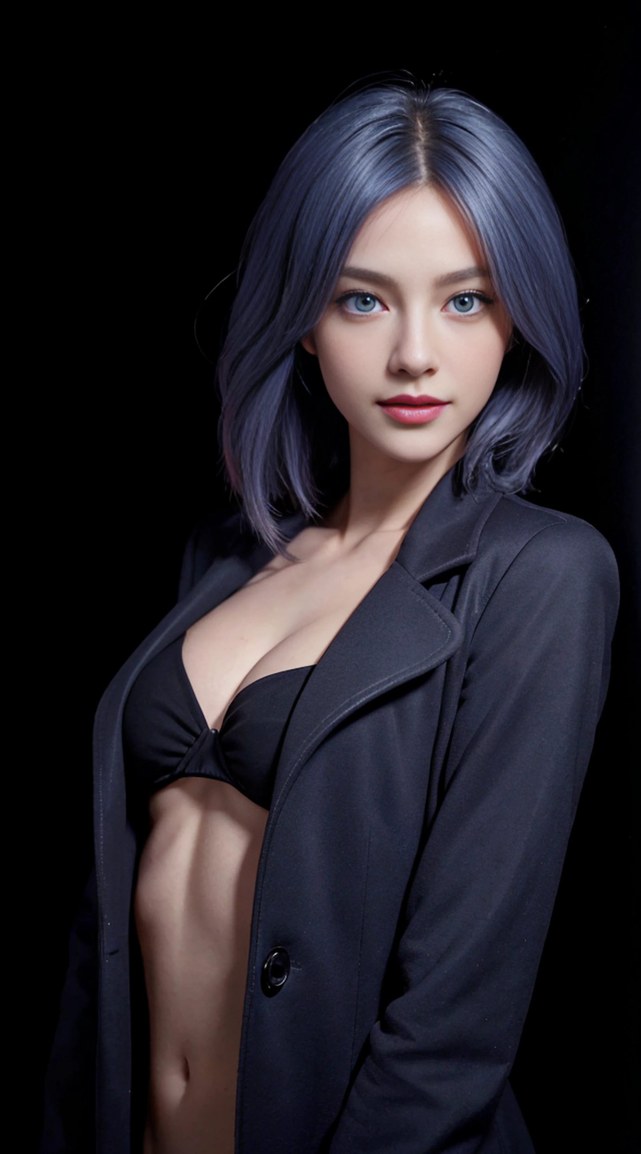 8K, Top Quality, Intricate Details, Ultra Detail, Ultra High Resolution, Masterpiece, random angle, Slender, Smile, (Makeup: 0.4), (Fluffy Blue Eyes: 1.21), blue Eyes, looking at viewer, ((full body)), 1girl, solo, 1 girl, (( full body)), close up shot, , ((tall)), (((fit body))), (((slim face))), sharp face, sharp eyes, (((random colour hair, )) , (detailed face), sharp face, small lips,
(( )), ((open mini coat)), detailed face, detailed breast, , large breast, detail ass, , Beautiful girl with accentuated slender abs: 1.4, Six Pack Abs: 1.4, Bust Botox, Big, Perfect Body, detail leg, (( dark background)), black background, (((see the whole body)))