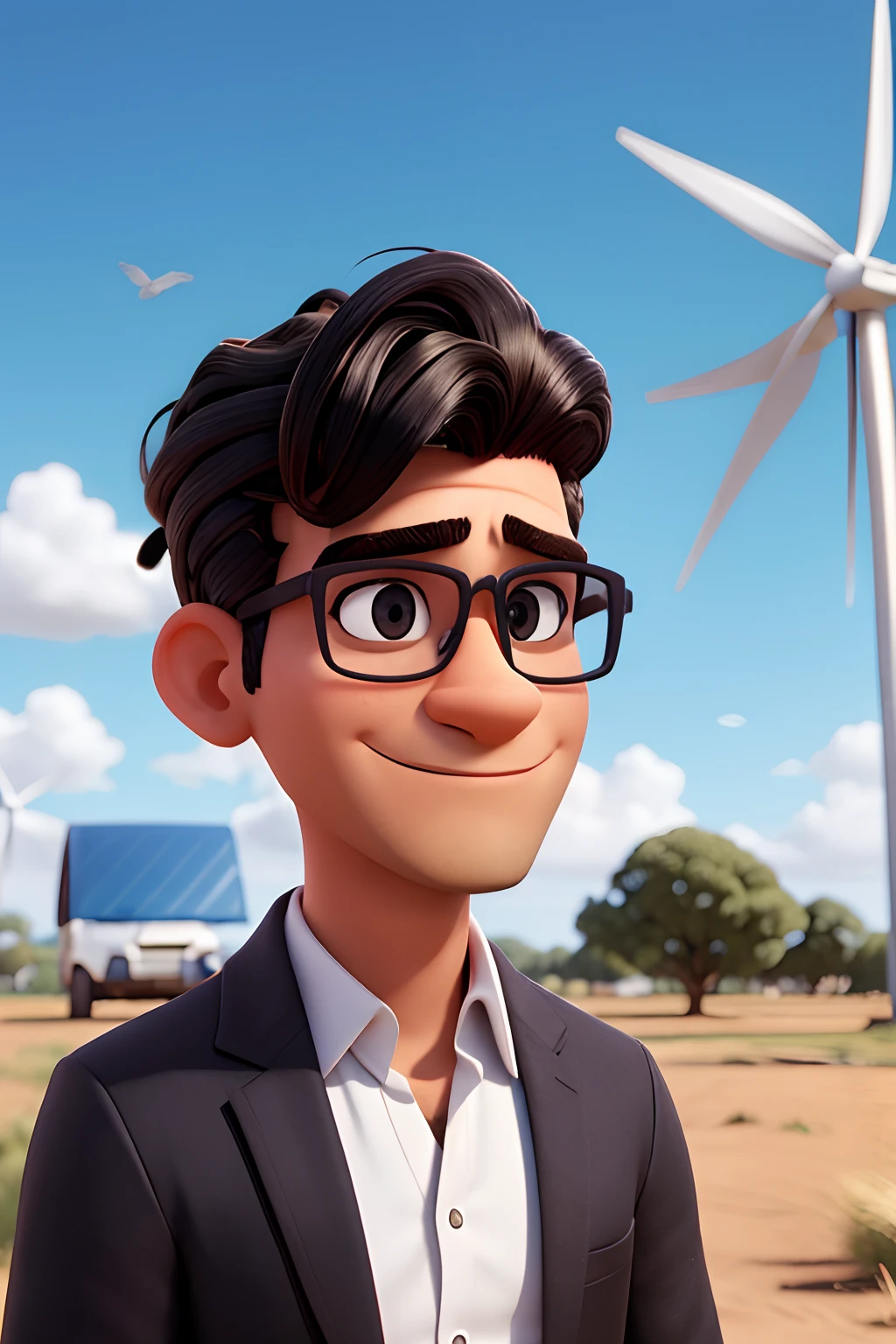 uma cena com um homem de 29 anos, cabelo preto com um topete penteado para a esquerda, Wearing thin glasses well inconspicuous, cavanhaque curto, In the middle of a wind farm