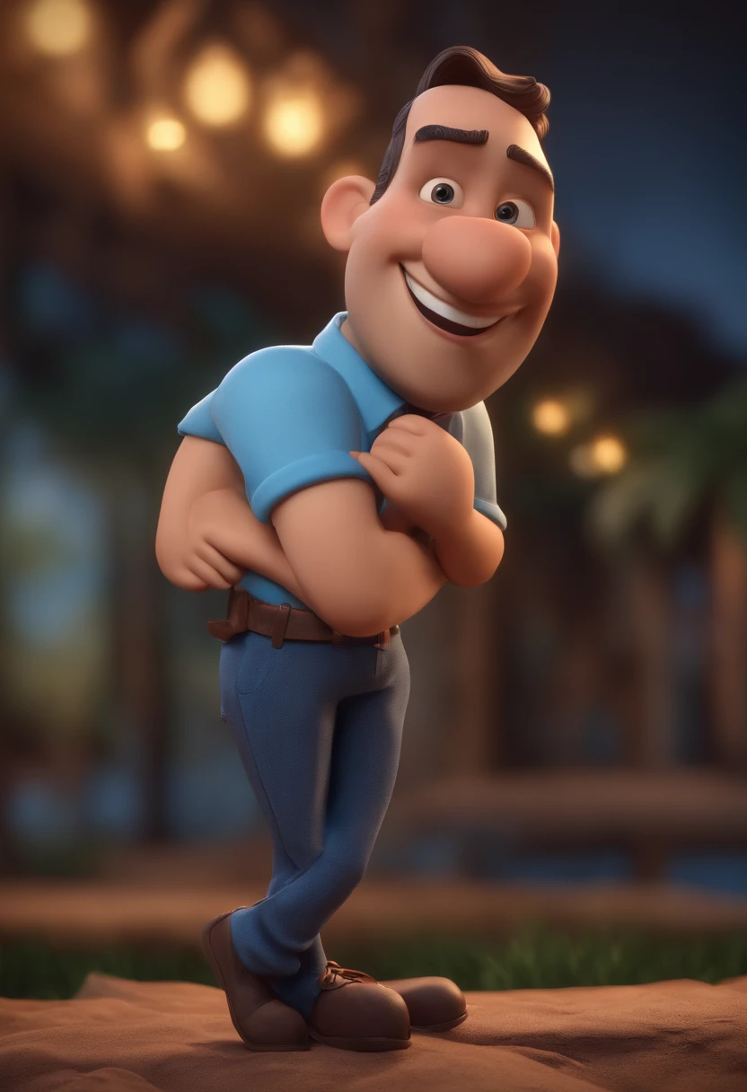 Personagem de desenho animado de um homem e uma camisa azul, um personagem animado, Caractere estilizado, animation style rendering, 3D estilizado, Arnold Maya render, 3 d render stylized, toon render keyshot, Personagem 3D, Personagem 3D, 3d rendering stylized, 3 d character render, personagem de desenho animado, Personagem de close up, Pose de personagem, (Estilo Pixar) (master part:1.2) (Bokeh) (best quality) (pele detalhada) (textura detalhada) (8k) (argila) (Cinematic lighting) (foco nítido,Senta e vaza a parte superior do corpo