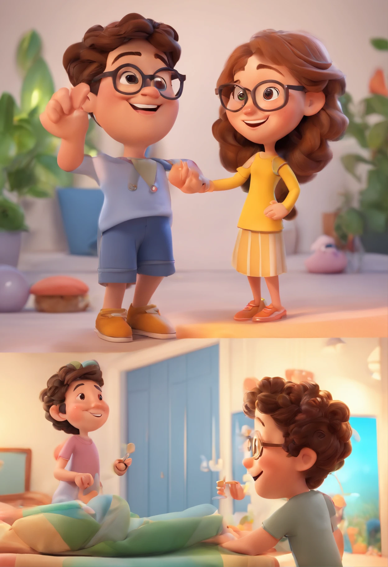 An illustration of an adorable couple, Spotlight on a smiling chubby white boy and a brunette girl with beautiful expressive eyes - the boy's skin is white and the boy's hair is curly, While the girl's skin is white, she wears glasses and the girl's hair is curly and brown. They are a bright room, cada um com um sorriso no rosto, e compartilhar um momento especial caracterizado pelo amor, Insights. Illustrate this scene from a perspective where they are facing the camera, Smiling and Showing Your Connection. Desenvolva esta arte em Full HD, Focus on your cinematic touch, Estilo Disney Pixar Animations
