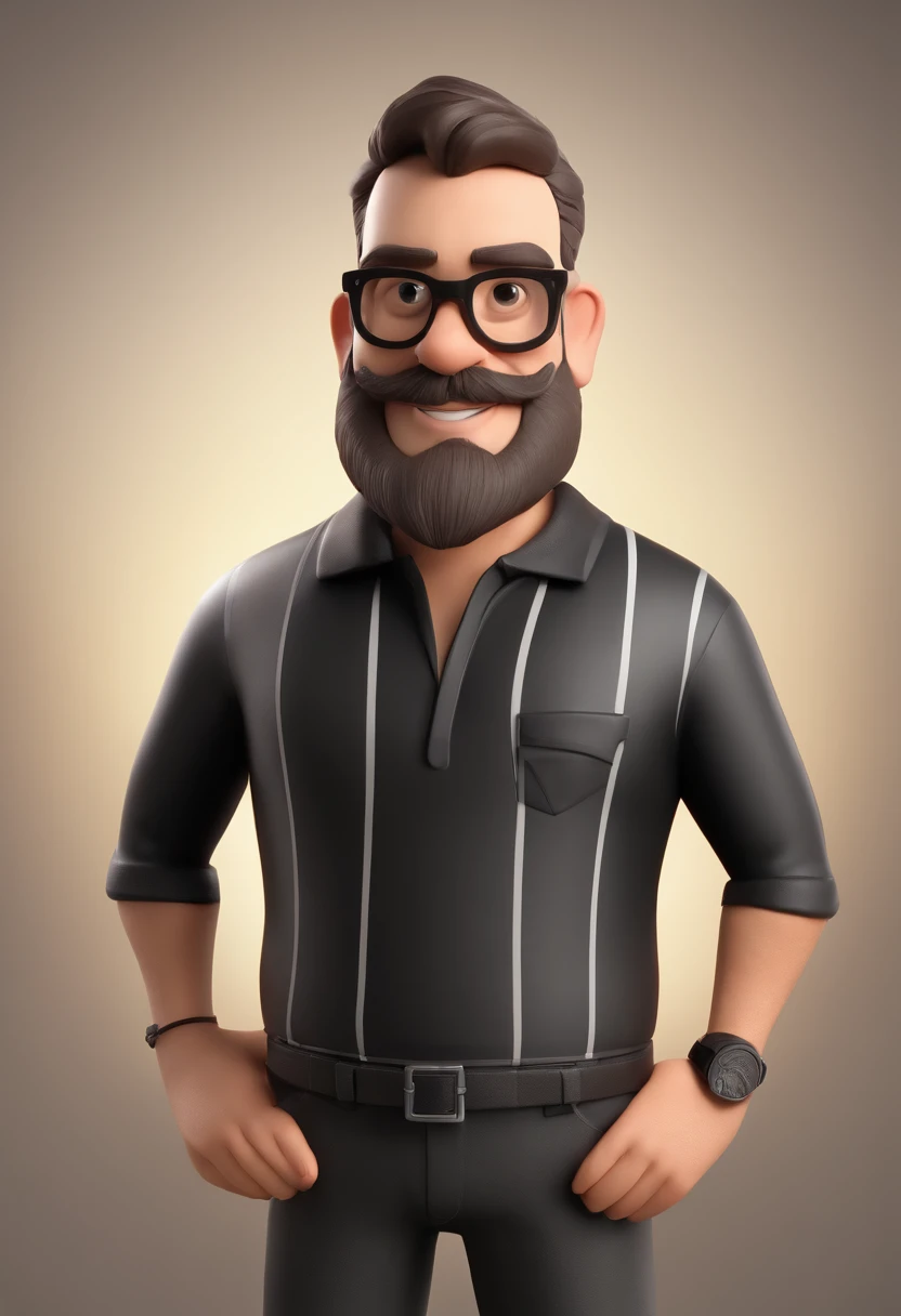 Cartoon character of a man with black glasses and a black polo shirt, cabelo liso, With beard and old school tattoo on his arm, animation character, Caractere estilizado, animation style rendering, 3D estilizado, Arnold Maya render, 3 d render stylized, toon render keyshot, Personagem 3D, Personagem 3D, 3d rendering stylized, 3 d character render, personagem de desenho animado, Personagem de close up, Pose de personagem,  (Estilo Pixar) (master part:1.2) (Bokeh) (best quality) (pele detalhada) (textura detalhada) (8k) (argila) (Cinematic lighting) (foco nítido