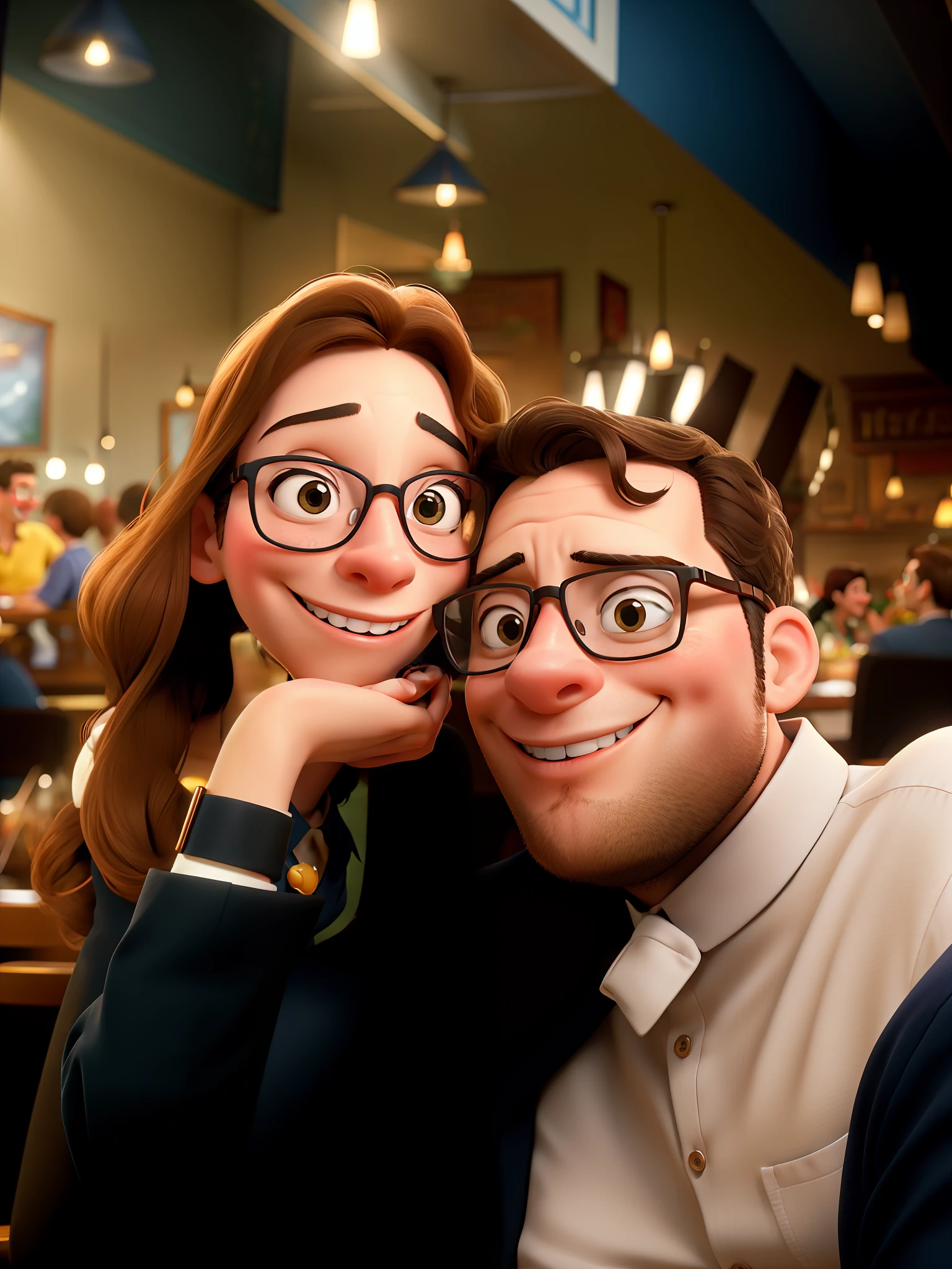 Disney Style Couple With Glasses Smiling In Restaurant.