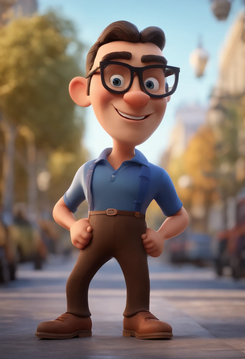 Cartoon character of a man with black glasses and a blue shirt, animation character, Caractere estilizado, animation style rendering, 3D estilizado, Arnold Maya render, 3 d render stylized, toon render keyshot, Personagem 3D, Personagem 3D, 3d rendering stylized, 3 d character render, personagem de desenho animado, Personagem de close up, Pose de personagem, (Estilo Pixar) (master part:1.2) (Bokeh) (best quality) (pele detalhada) (textura detalhada) (8k) (argila) (Cinematic lighting) (foco nítido