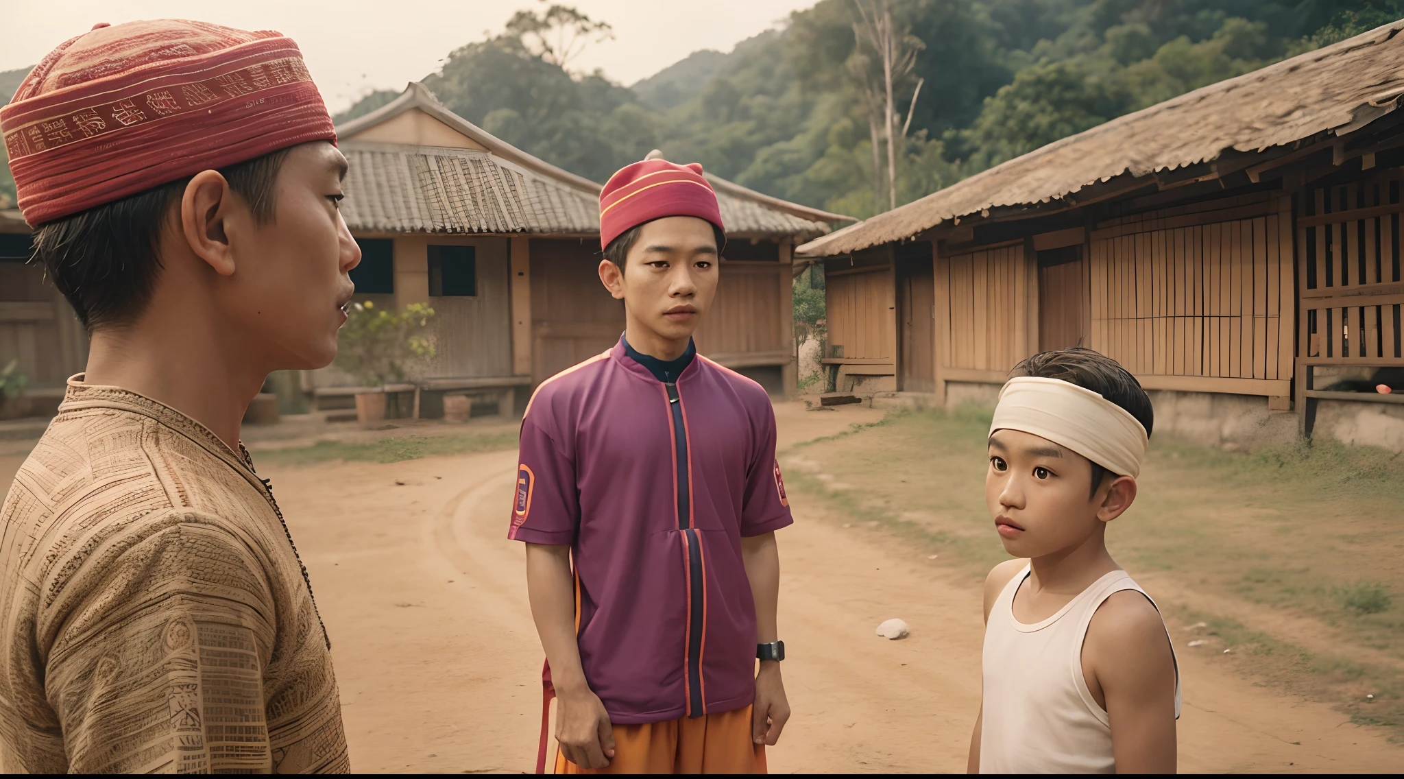 a film still of 1 young malay boy and 1 malay old man in sport attire having an argument in malay village, raise hand, photo taken using Panavision DXL2, in the style of Grand Budapest Hotel directed by Wes Anderson , 35mm lense, Front Shot, Deep Focus cinematography effect, Natural Lighting, warm-toned color grading, high quality, ultra detail, 8k resolution,