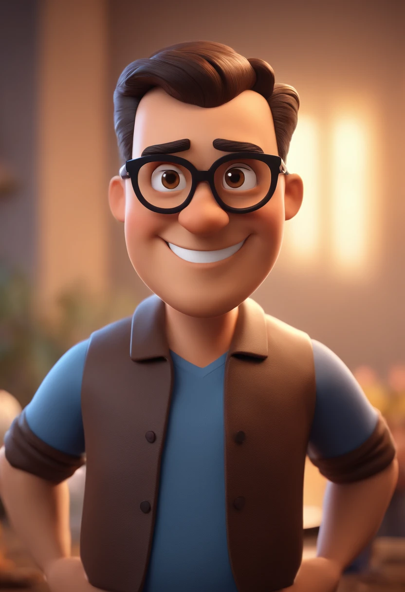 Cartoon character of a man with black glasses and a blue shirt, animation character, Caractere estilizado, animation style rendering, 3D estilizado, Arnold Maya render, 3 d render stylized, toon render keyshot, Personagem 3D, Personagem 3D, 3d rendering stylized, 3 d character render, personagem de desenho animado, Personagem de close up, Pose de personagem,  (Estilo Pixar) (master part:1.2) (Bokeh) (best quality) (pele detalhada) (textura detalhada) (8k) (argila) (Cinematic lighting) (foco nítido