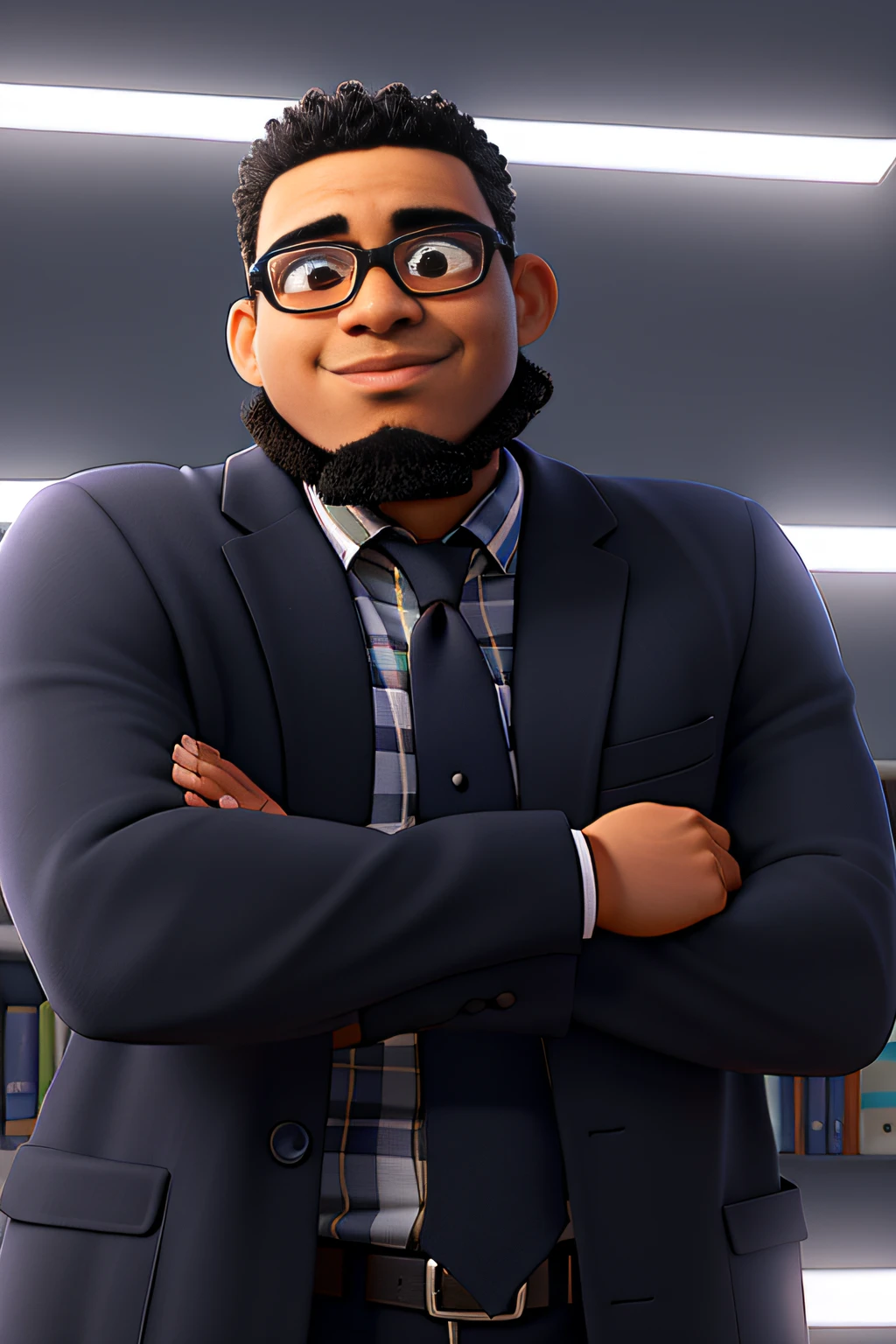 A black man with glasses in front, illuminated by the light of a lamp, contra o pano de fundo de uma biblioteca