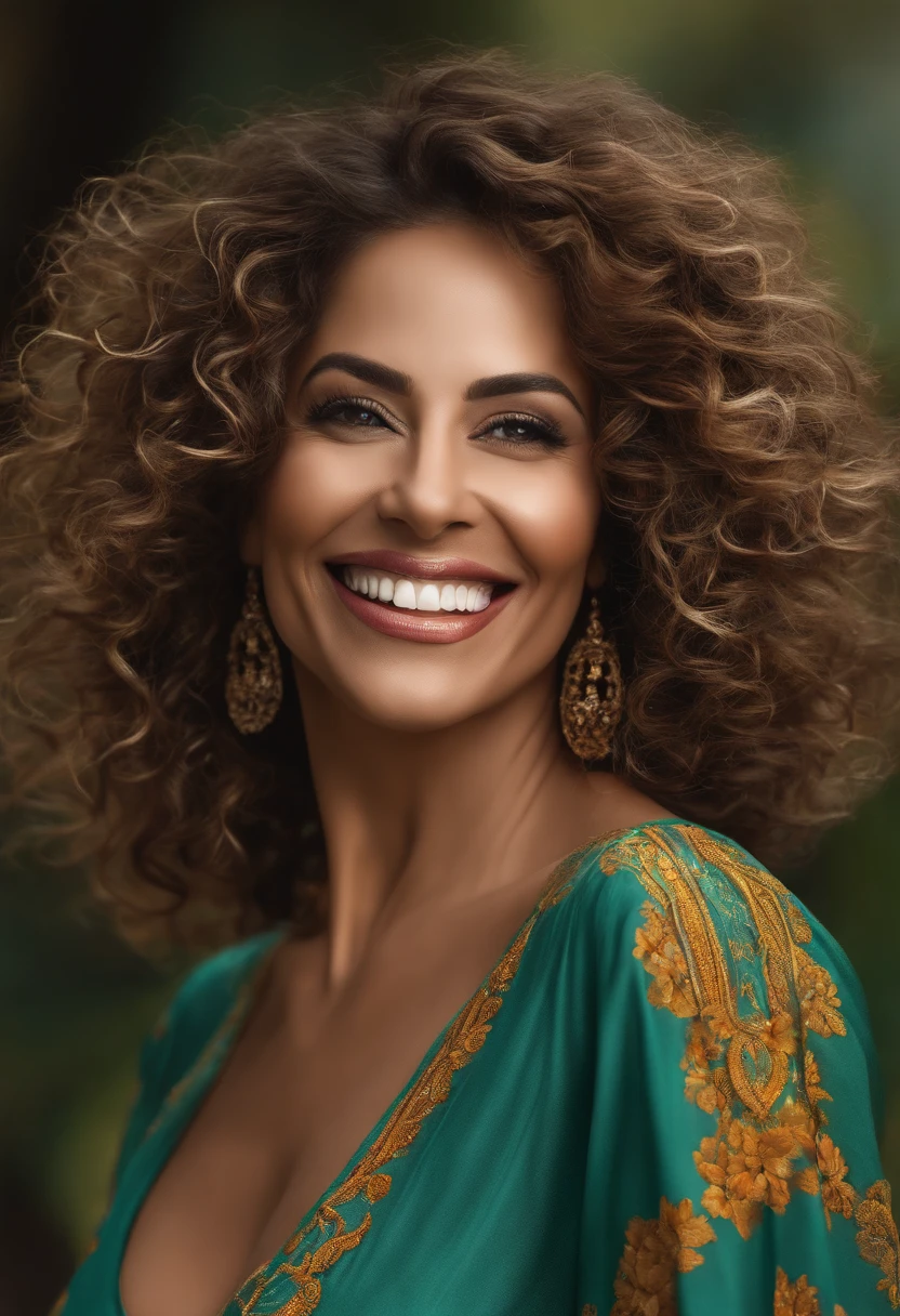((best illustration)) mulher brasileira, 46 anos, cabelos volumosos cacheados, pele parda, sorridente, dente levemente pra frente, corpo robusto a sobrepeso