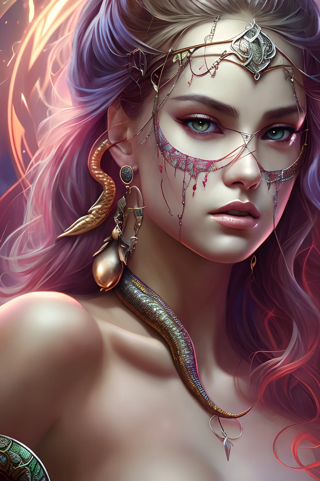 Image an (RPG) main charachter, (realistic) digital painting portrait. The main character is an (enigmatic) and (alluring) dark (humanoid woman), her form reminiscent of (Selena Gomez), while her bewitching, ((serpent-like visage)) hints at an ancient, otherworldly power that both entices and unnerves. abstract background, global illumination, art by hoang lap and fuji choko and artgerm and greg rutkowski and viktoria gavrilenko. ((masterpiece))