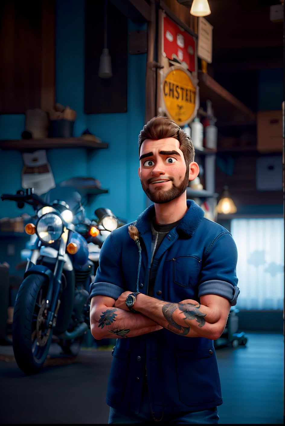 master part, best quality, um velho com barba branca e longos cabelos castanhos, vestindo uma jaqueta de couro e jeans preto, ao lado de sua motocicleta