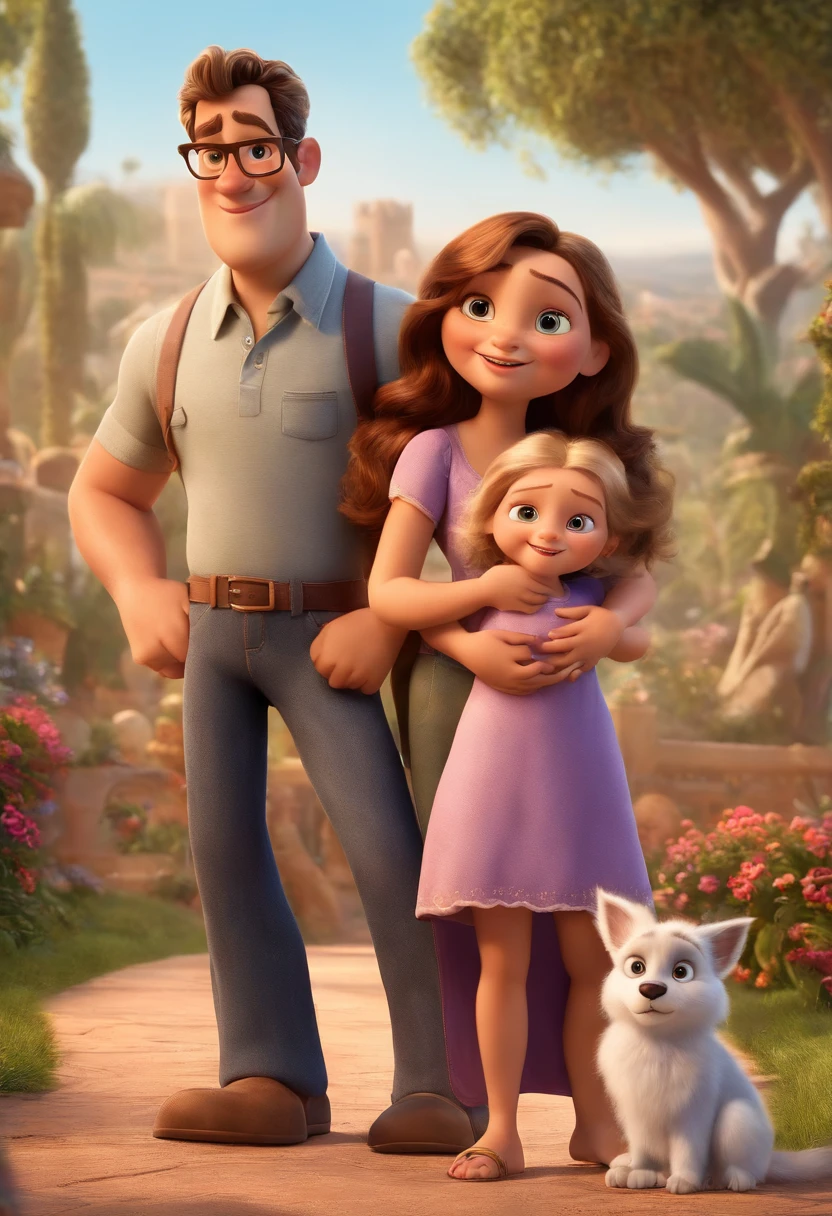 a poster of the Disney and pixar movie of a family The mother has hair with a lot of highlights, the skin color is white, with a long-sleeved leopard blouse and jeans, the father has white hair, the color of skin and white, wears a long-sleeved plaid blouse, jeans and a boot, the daughter has brown hair, brown eyes, wears a beautiful hot pink dress and A Tennis Background on the Farm Title The Happiest Family 3D Rendering