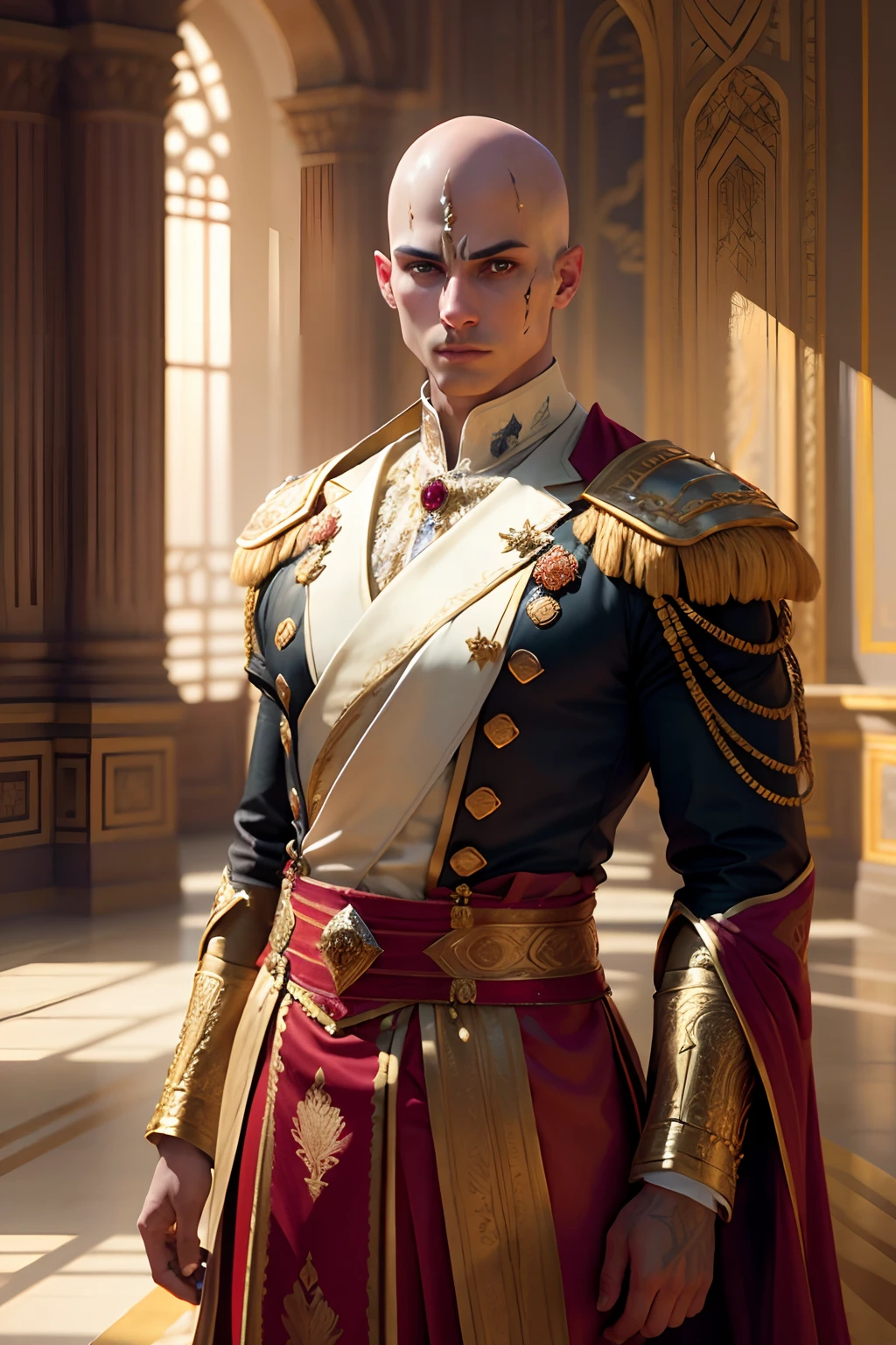 young prince in a palace, luxury royal palace, volumetric lighting, 8k resolution, photorealistic, ultra-high quality, opulent detailed background, (((bald))), wearing a fancy royal indian battle armor, ((scar on face))