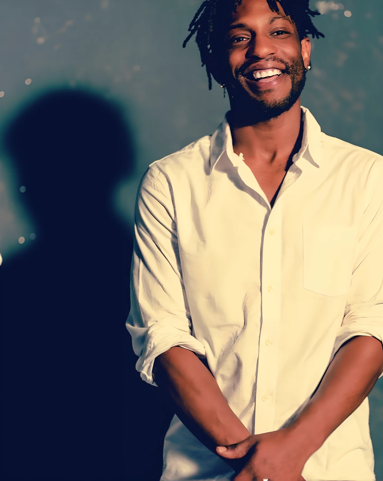 smiling man in white shirt and tan pants standing in front of a wall, edited, 2021 2 0 2 1, brown skin man with a giant grin, childish, promo image, promotional image, 2021, webcam photography, model photography