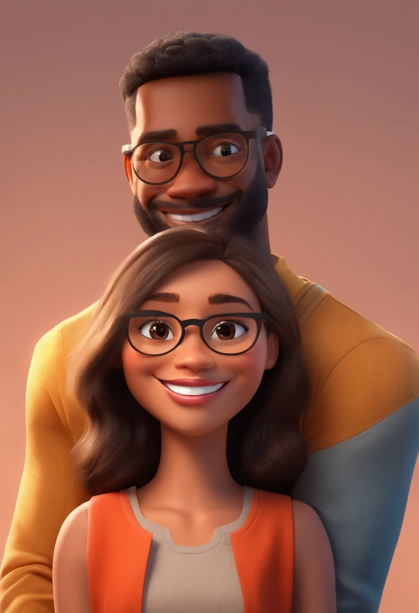 An illustration of an adorable couple, Highlighting a black man and a brunette woman with beautiful black glasses and expressive eyes – the man's skin is light brown and the man's hair is short and black, while the woman's skin is brown, with freckles on her face and the woman's hair is straight and black. They are a bright room, cada um com um sorriso no rosto, e compartilhar um momento especial caracterizado pelo amor, Insights. Illustrate this scene from a perspective where they are facing the camera, Smiling and Showing Your Connection. Desenvolva esta arte em Full HD, Focus on your cinematic touch, Estilo Disney Pixar Animations