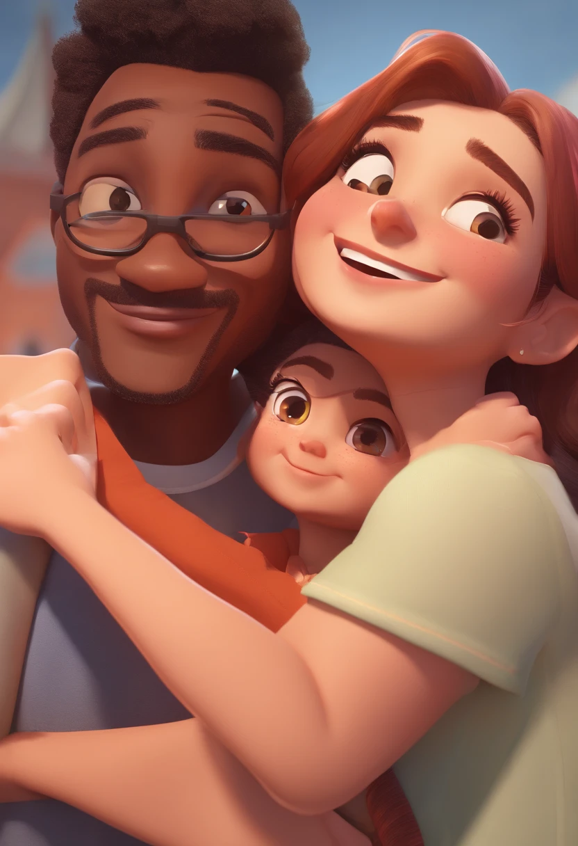An illustration of an adorable couple, Highlighting a black man and a brunette woman with beautiful black glasses and expressive eyes – the man's skin is light brown and the man's hair is short and black, while the woman's skin is brown, with freckles on her face and the woman's hair is straight and black. They are a bright room, cada um com um sorriso no rosto, e compartilhar um momento especial caracterizado pelo amor, Insights. Illustrate this scene from a perspective where they are facing the camera, Smiling and Showing Your Connection. Desenvolva esta arte em Full HD, Focus on your cinematic touch, Estilo Disney Pixar Animations
