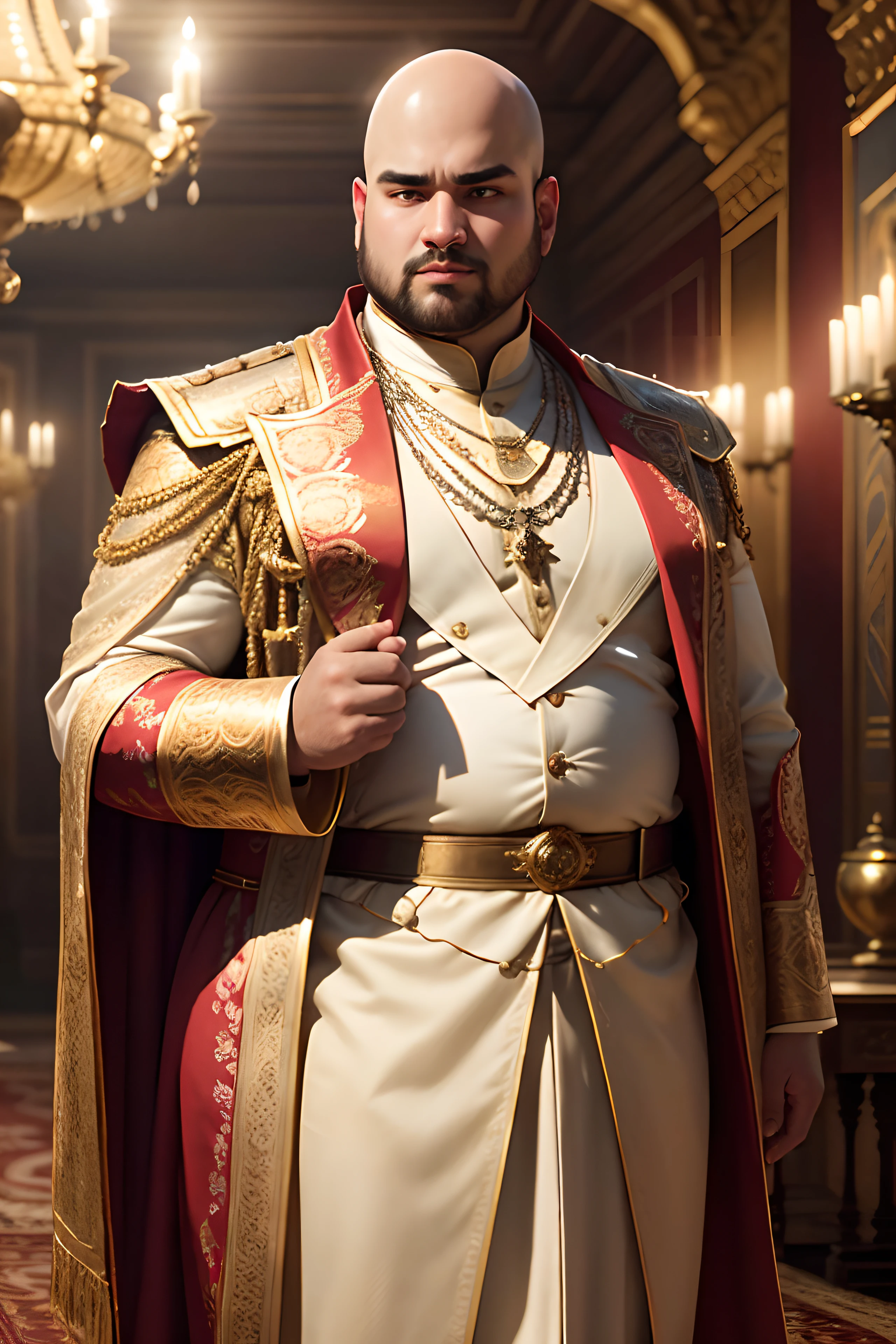 young prince in a palace, luxury royal palace, volumetric lighting, 8k resolution, photorealistic, ultra-high quality, opulent detailed background, (((bald))), wearing a fancy royal indian battle armor, fat guy