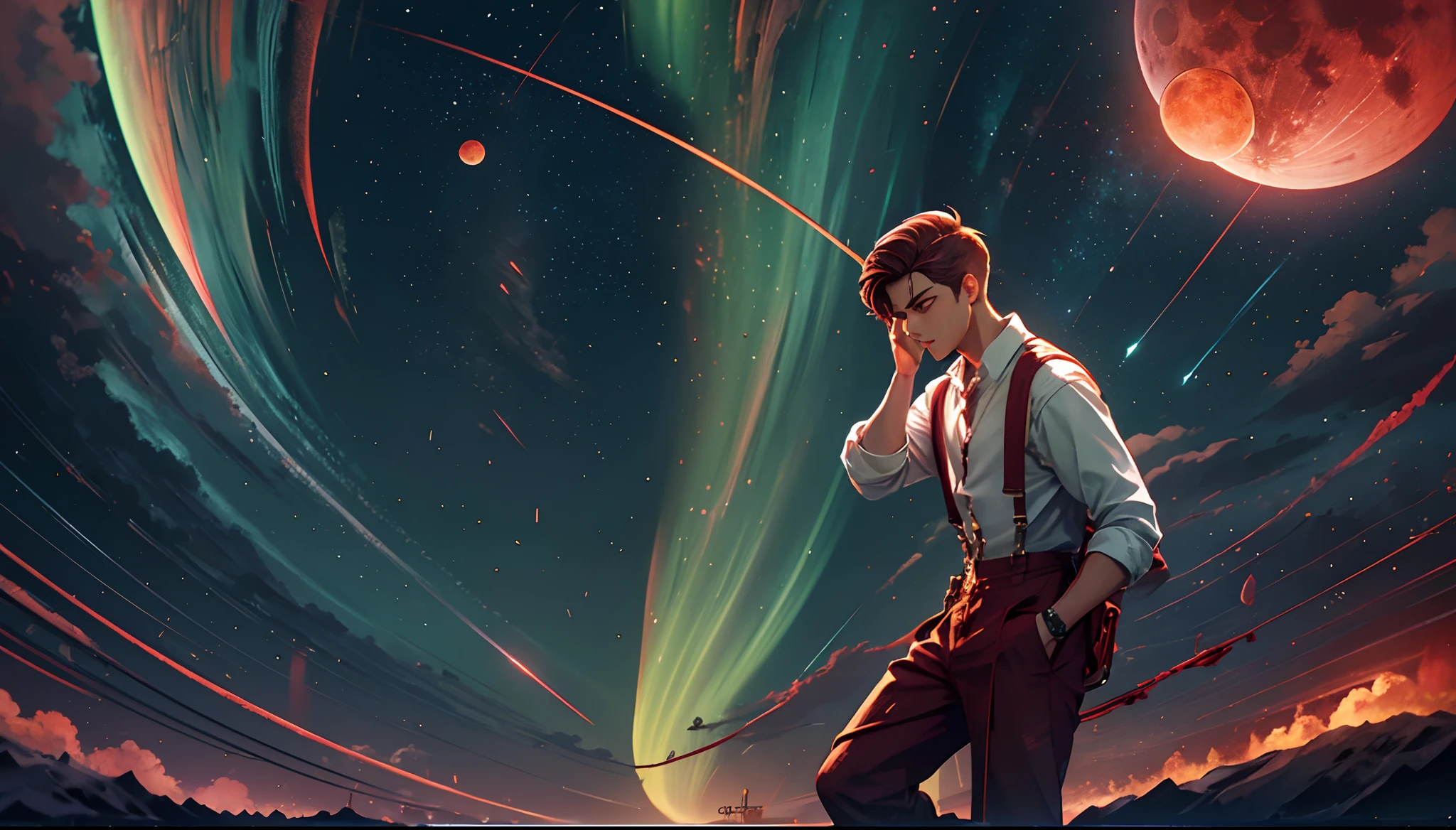 Blood Moon，Long red meteors streak across the sky，The green Northern Lights streak overhead from left to right，middle parted hairstyle，Suspenders，