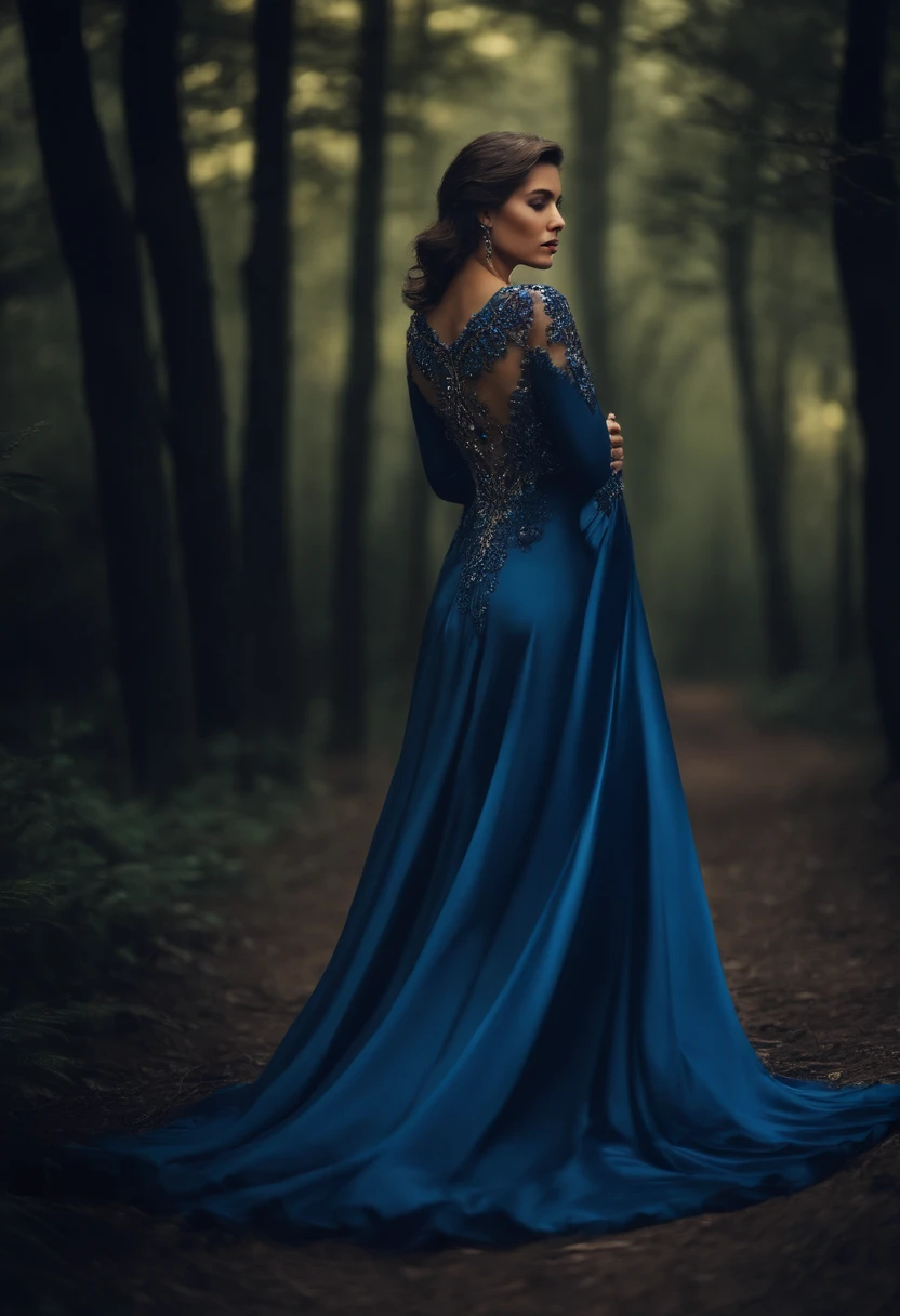 master part, best quality, Marianne_salto de tempo, vestido azul, Capelet, floresta alpina escura, Standing, Noite, Olhando para cima, parte superior do corpo, Rosto detalhado