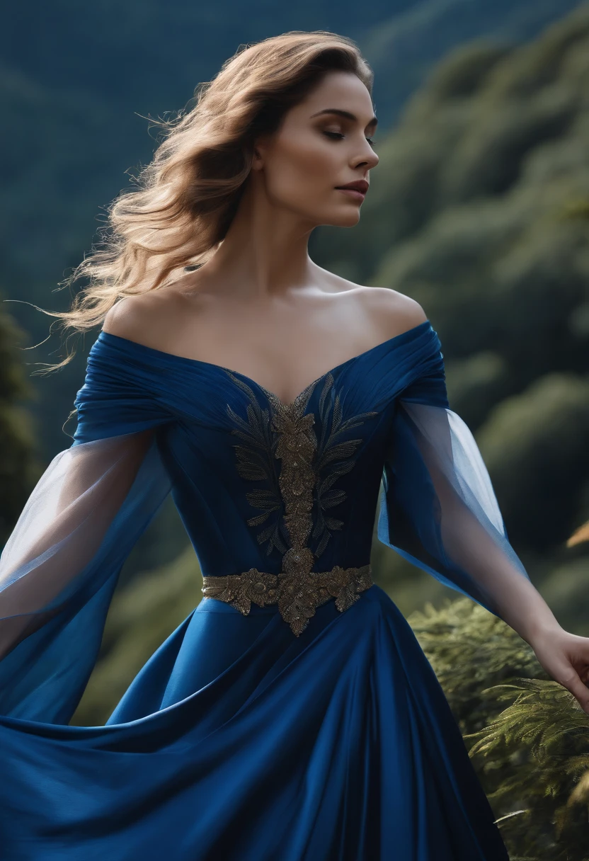 master part, best quality, Marianne_salto de tempo, vestido azul, Capelet, floresta alpina escura, Standing, Noite, Olhando para cima, parte superior do corpo, Rosto detalhado